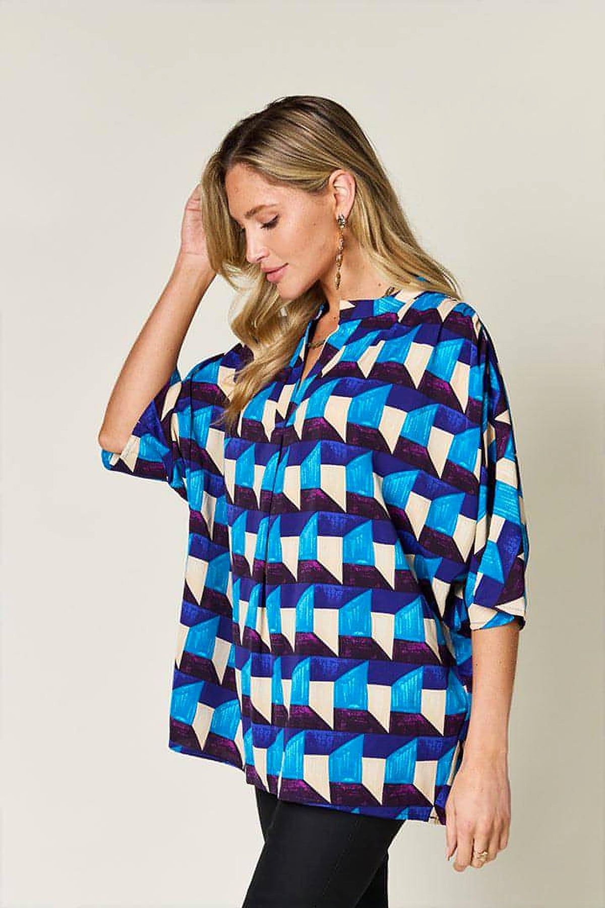 Double Take Full Size Geometric Notched Half Sleeve Blouse - enhanced image 2