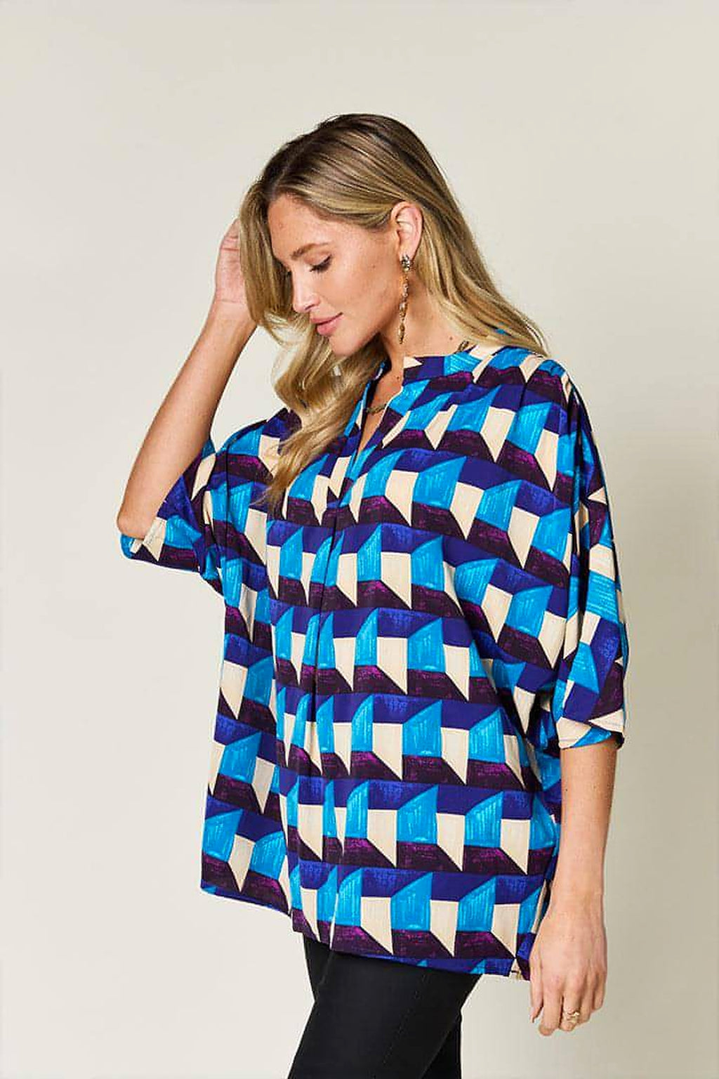 Double Take Full Size Geometric Notched Half Sleeve Blouse - enhanced image 2