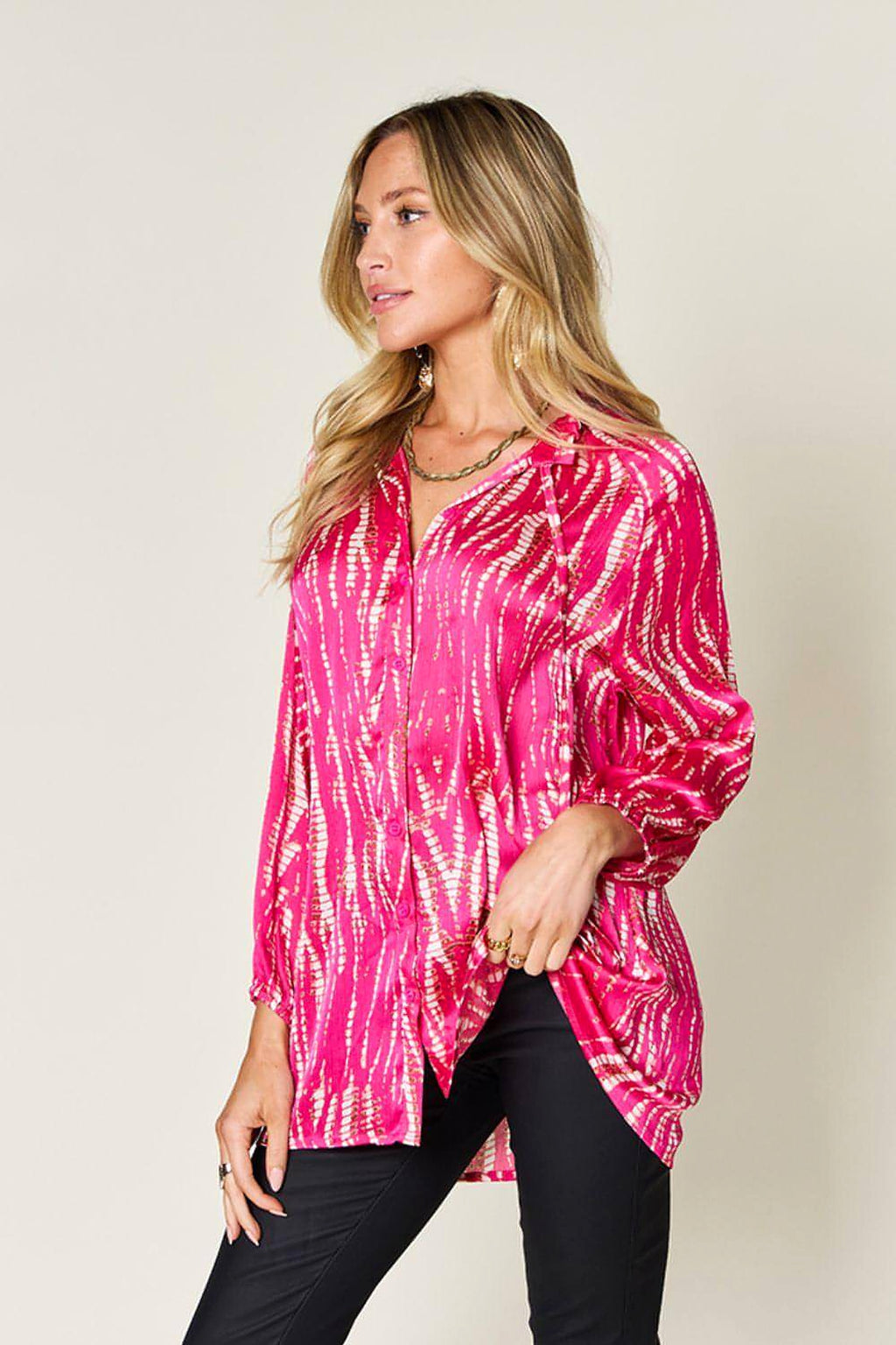 Double Take Full Size Printed Button Up Long Sleeve Shirt - enhanced image 2