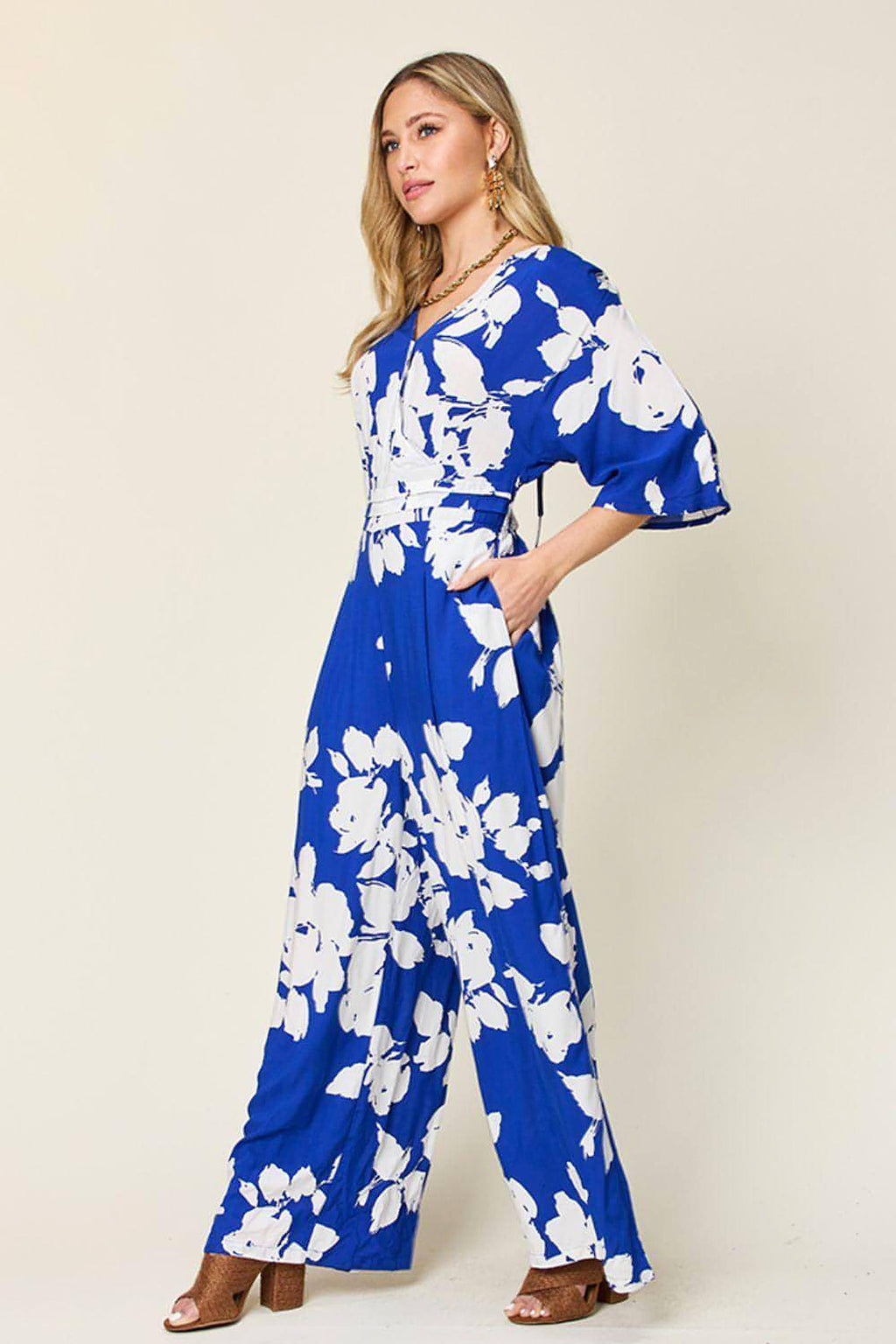 Double Take Full Size Printed Tie Back Wide Leg Jumpsuit - enhanced image 2