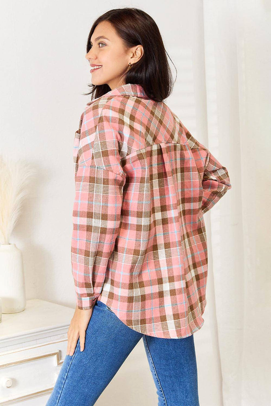 Double Take Plaid Collared Neck Long Sleeve Button-Up Shirt - enhanced image 2