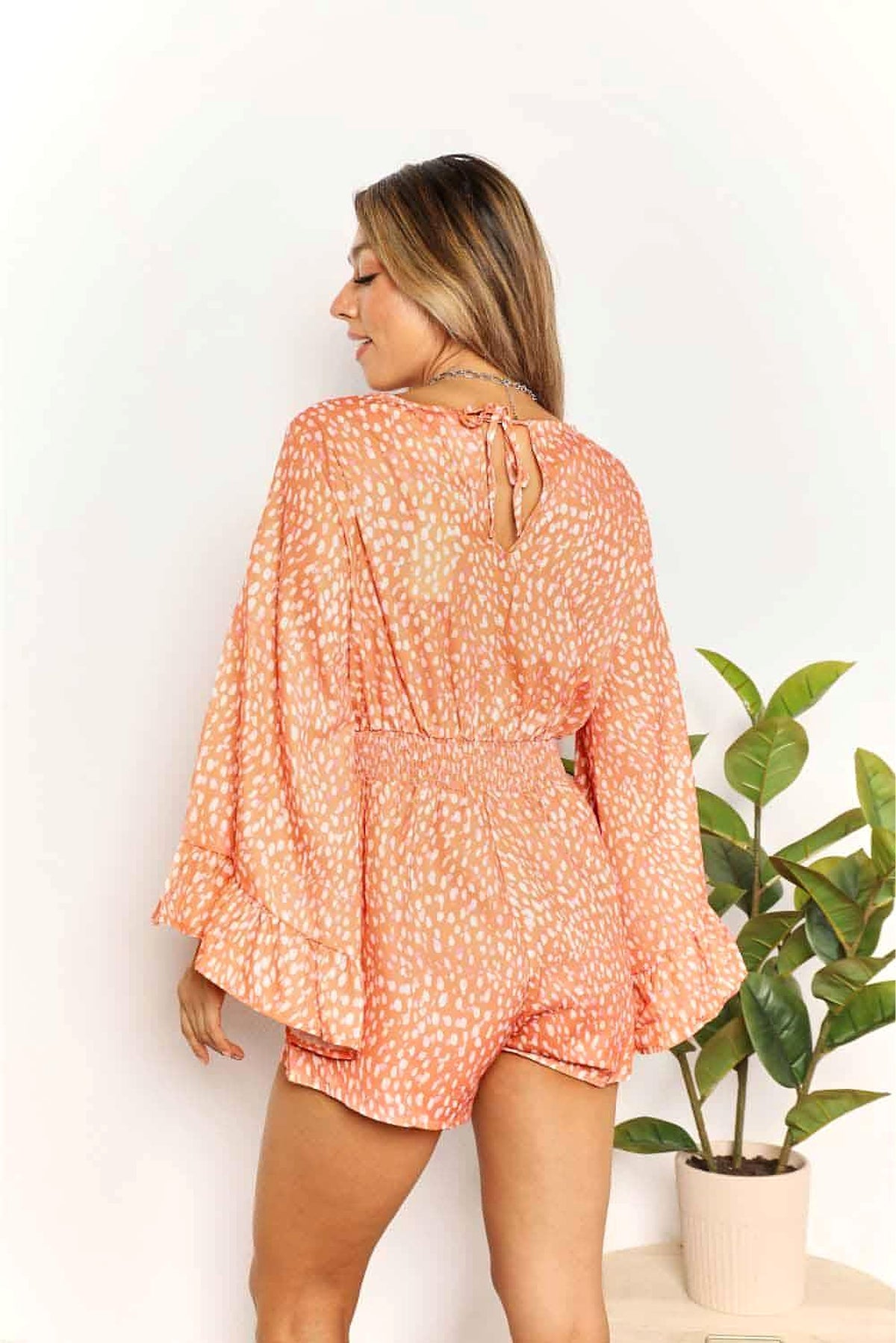 Double Take Printed Flare Sleeve Surplice Romper - enhanced image 2