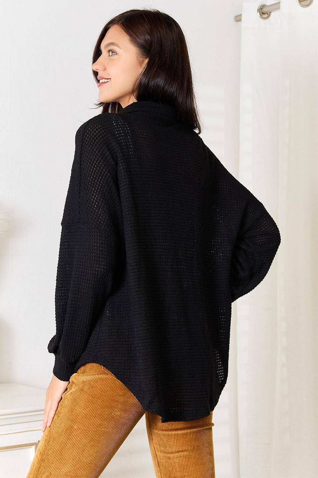 Double Take Waffle-Knit Collared Neck Dropped Shoulder Shirt - enhanced image 2