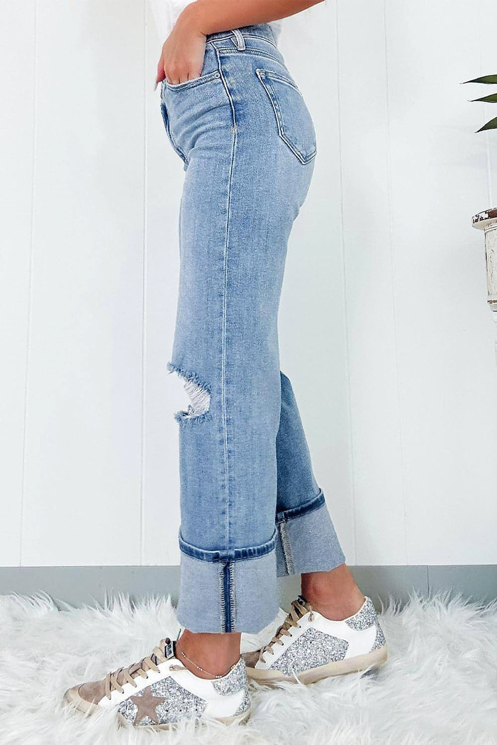 Dusk Blue High Rise Asymmetric Button Zip Fly Ripped Jeans - enhanced image 2
