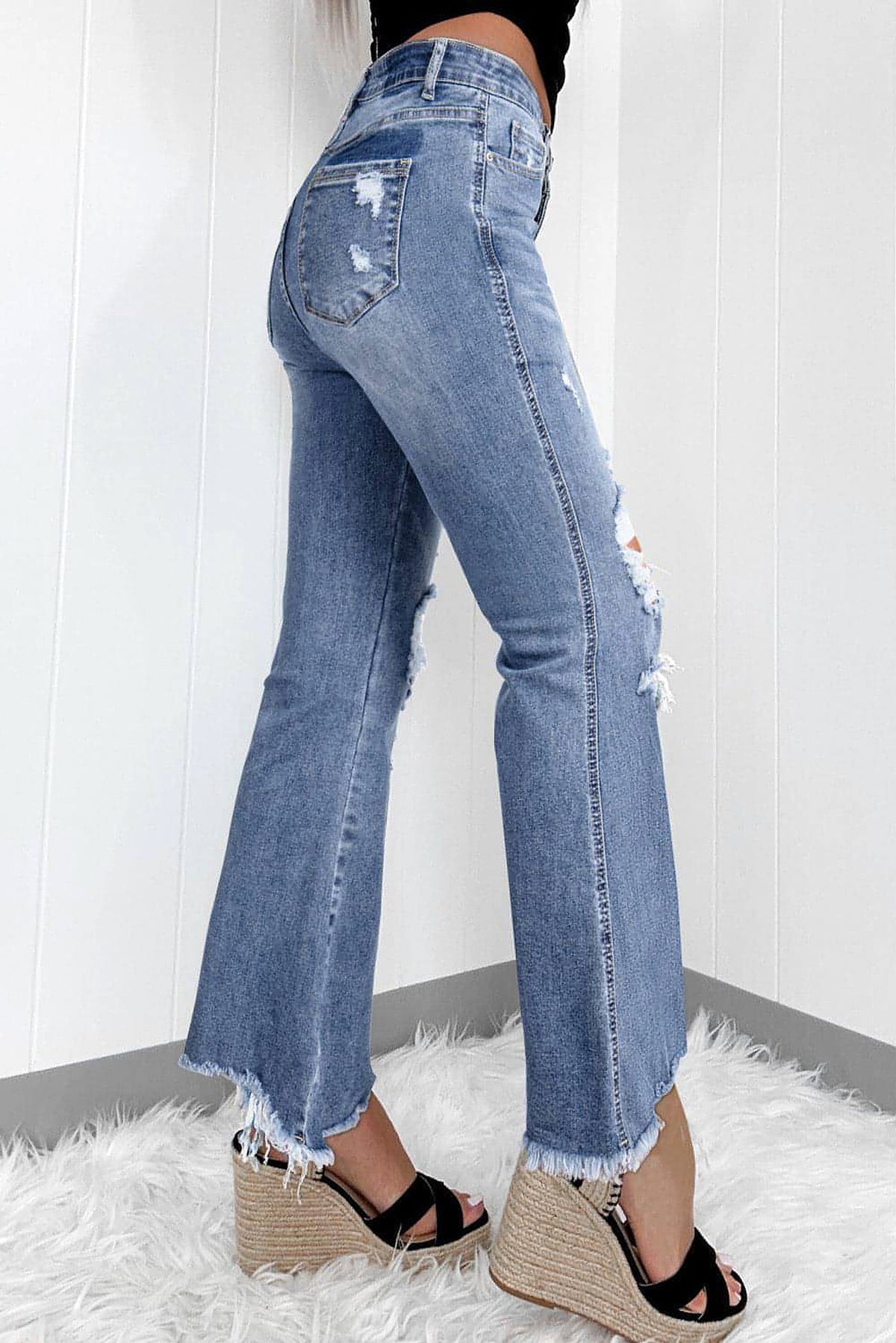 Dusk Blue High Rise Ripped Distressed Hem Flared Jeans - enhanced image 2