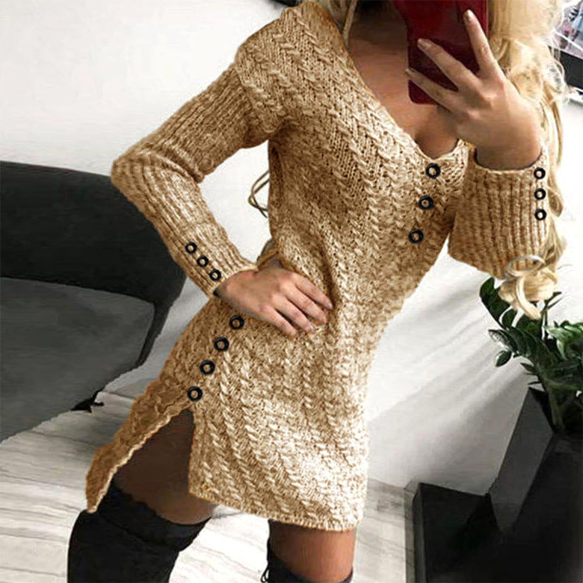 Elegant Slightly Mature Solid Color Mid-length Dress - enhanced image 2