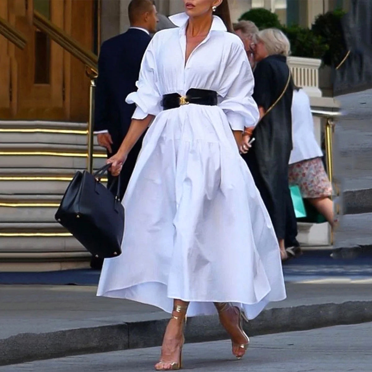 Fashion Pure White Lapel Belt Dress - enhanced image 2