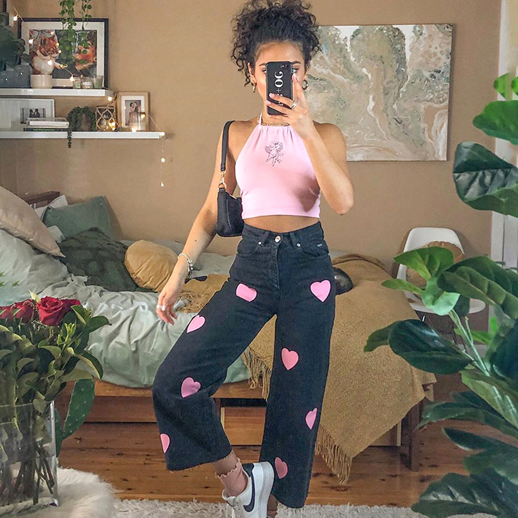 Fashionable love printed jeans women - enhanced image 2