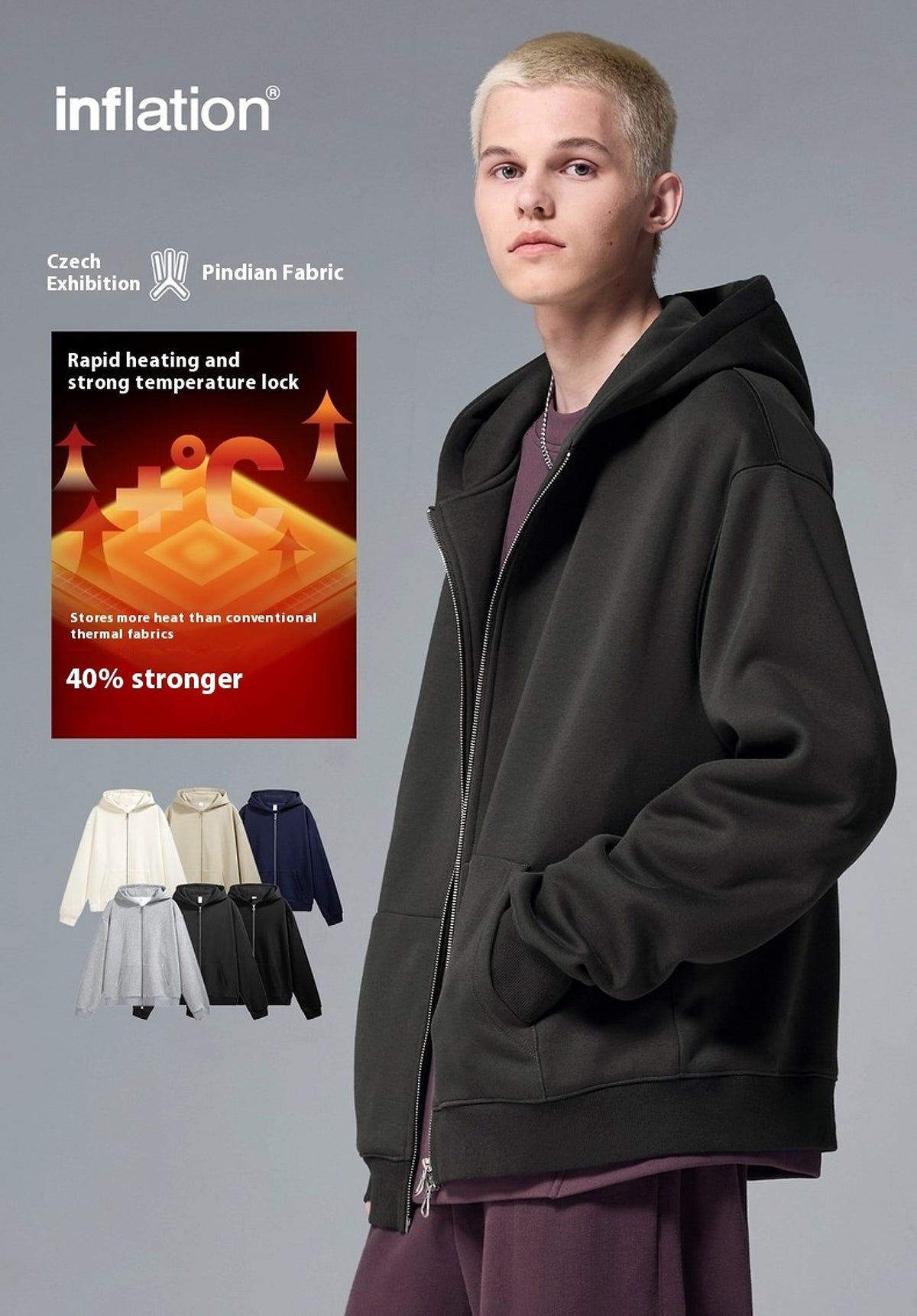 Flame Single-layer Fleece-lined Hooded Jacket Solid Color Double-headed Zipper Jacket - enhanced image 2