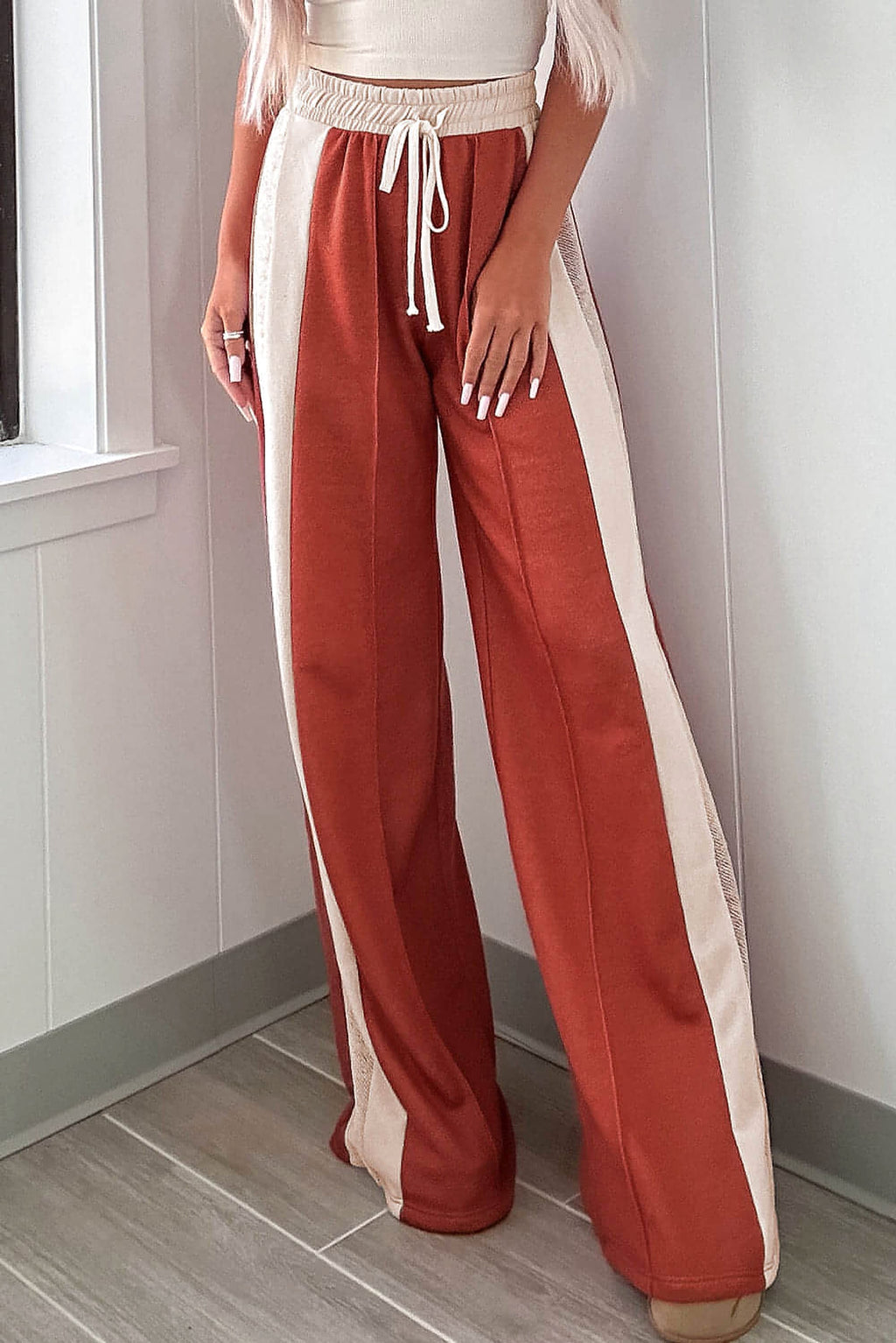 Flamingo Color Block Drawstring High Waist Wide Leg Pants - enhanced image 2