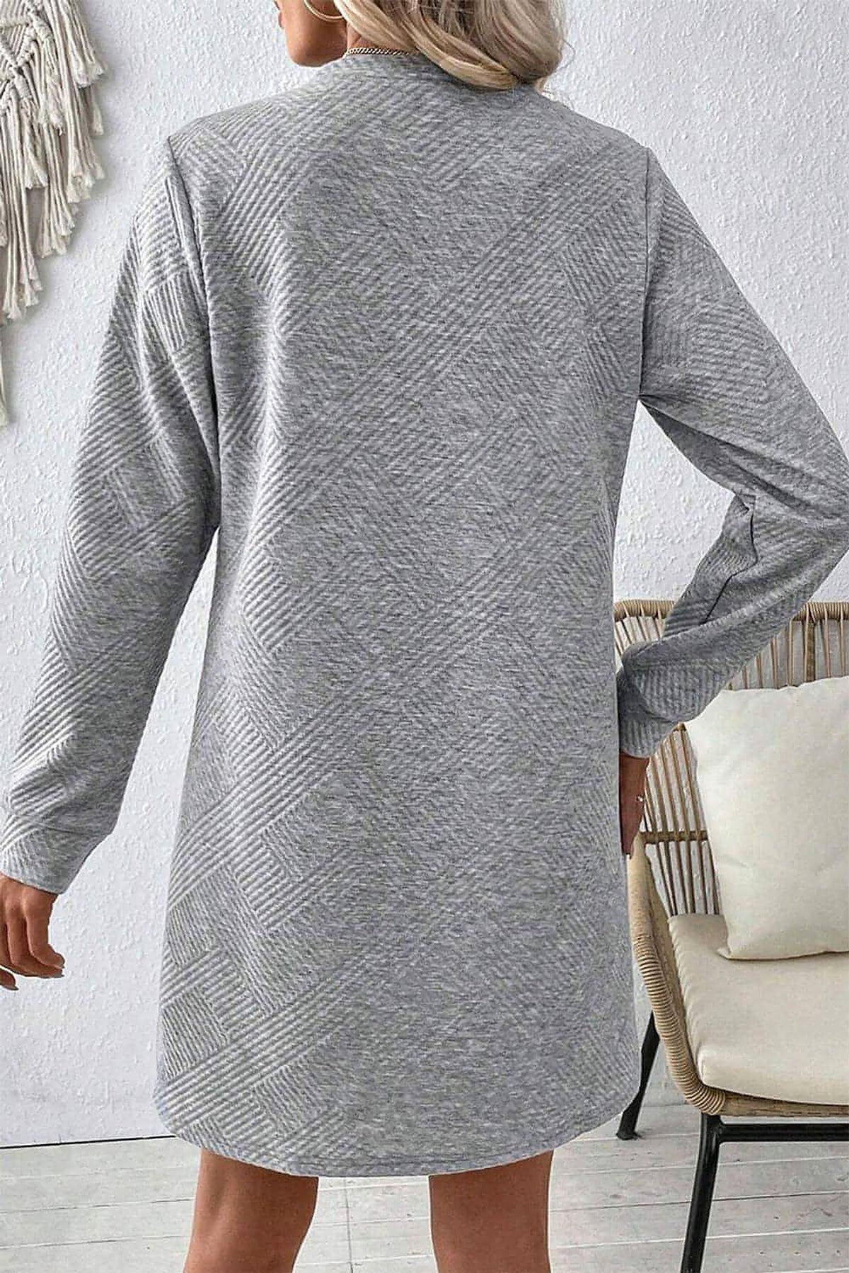 Gray Solid Color Textured Long Sleeve Shift Dress - enhanced image 2