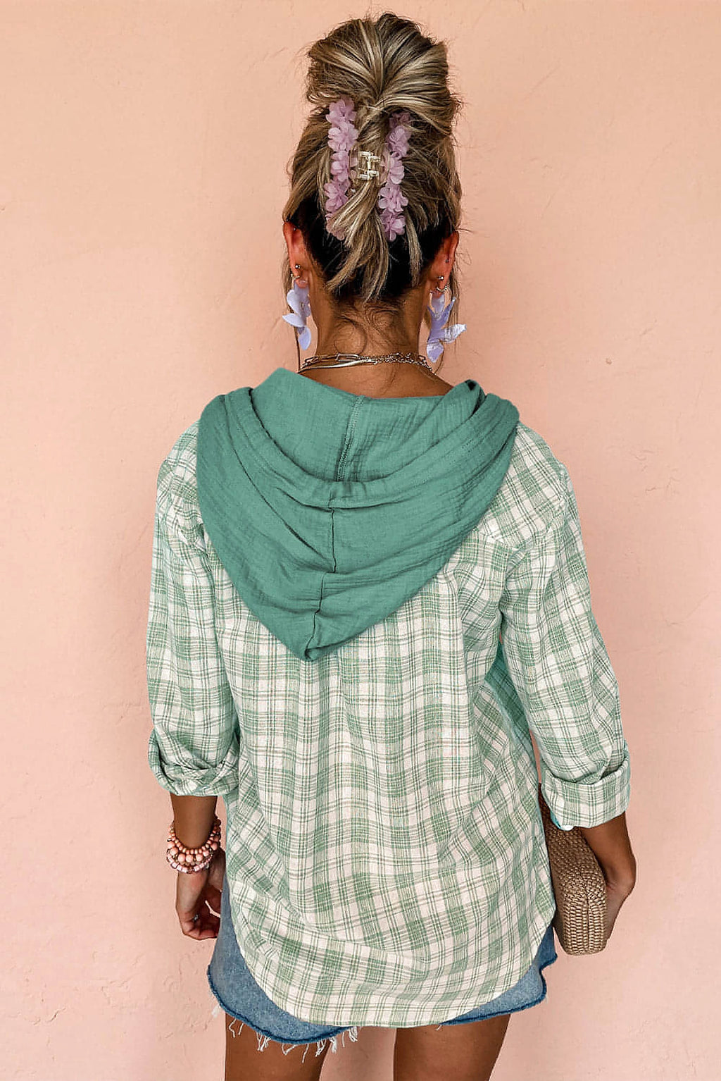 Green Checkered Print Loose Fit Buttoned Hooded Shacket - enhanced image 2