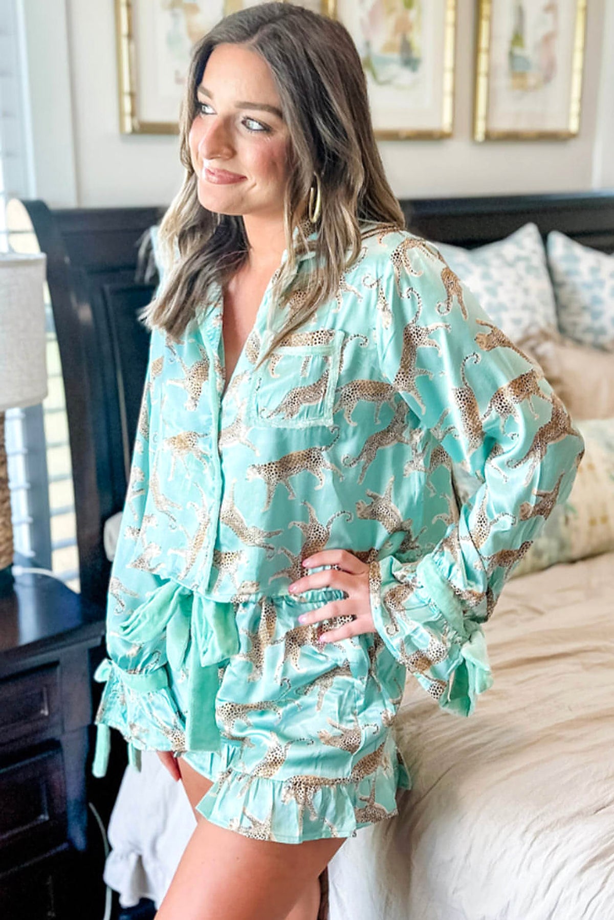 Green Leopard Satin Ruffle Pajama Short Set - enhanced image 2