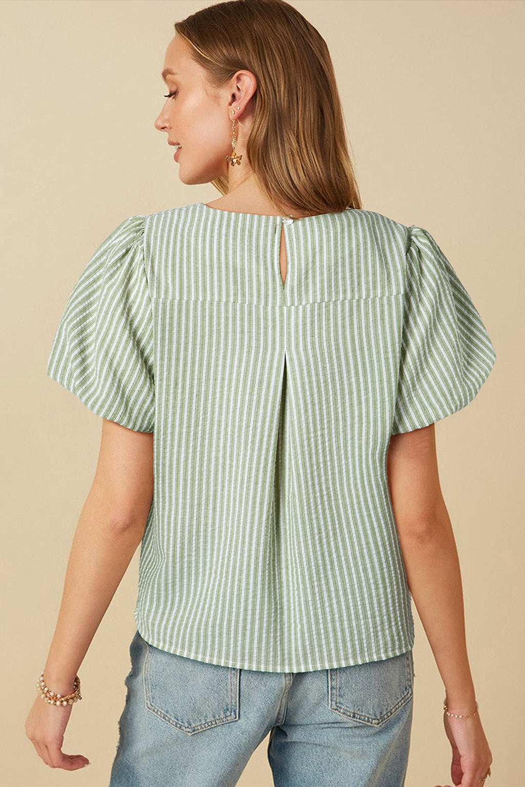 Green Stripe Textured Round Neck Short Puff Sleeve Blouse - enhanced image 2