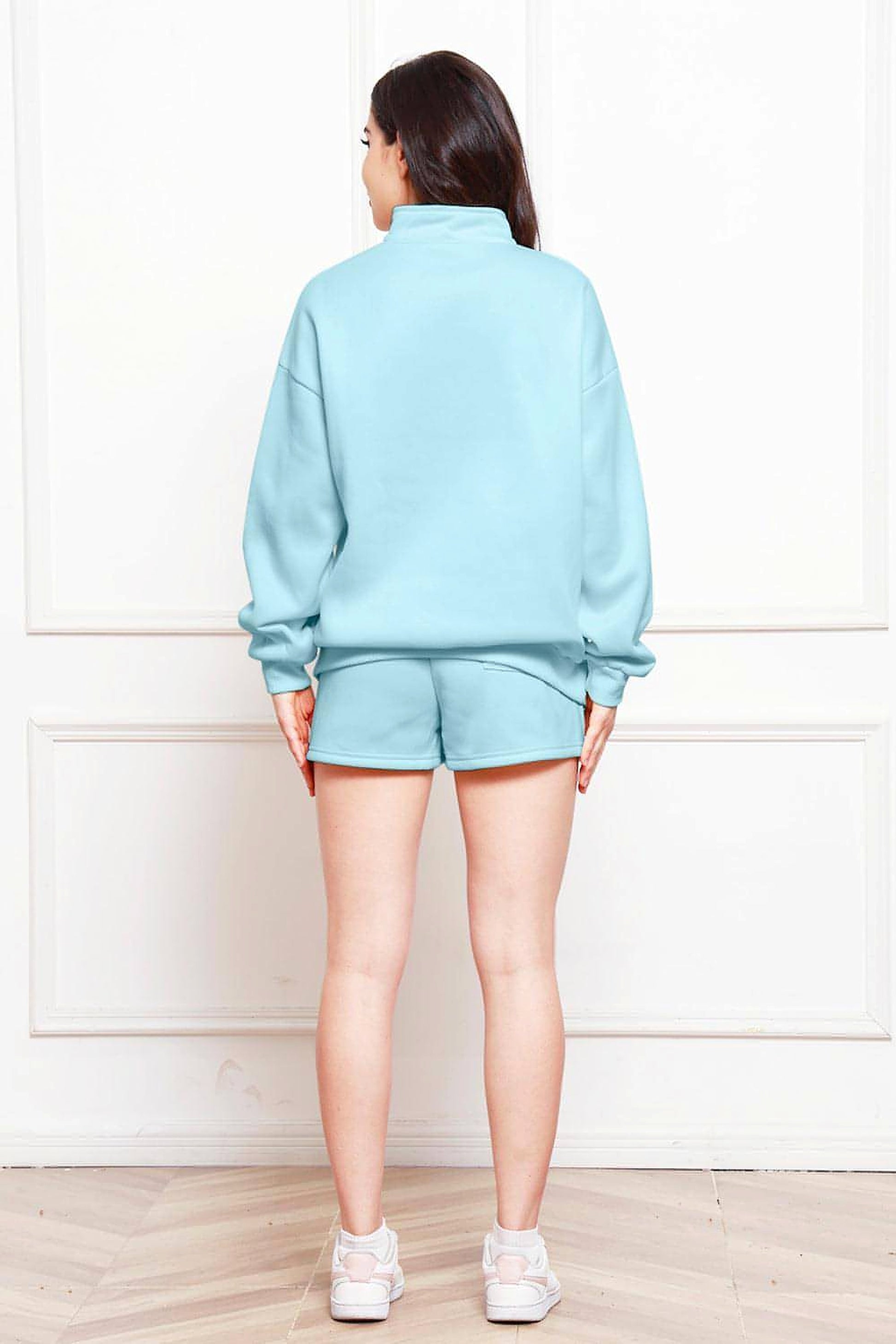 Half Zip Long Sleeve Sweatshirt and Drawstring Shorts Set - enhanced image 2