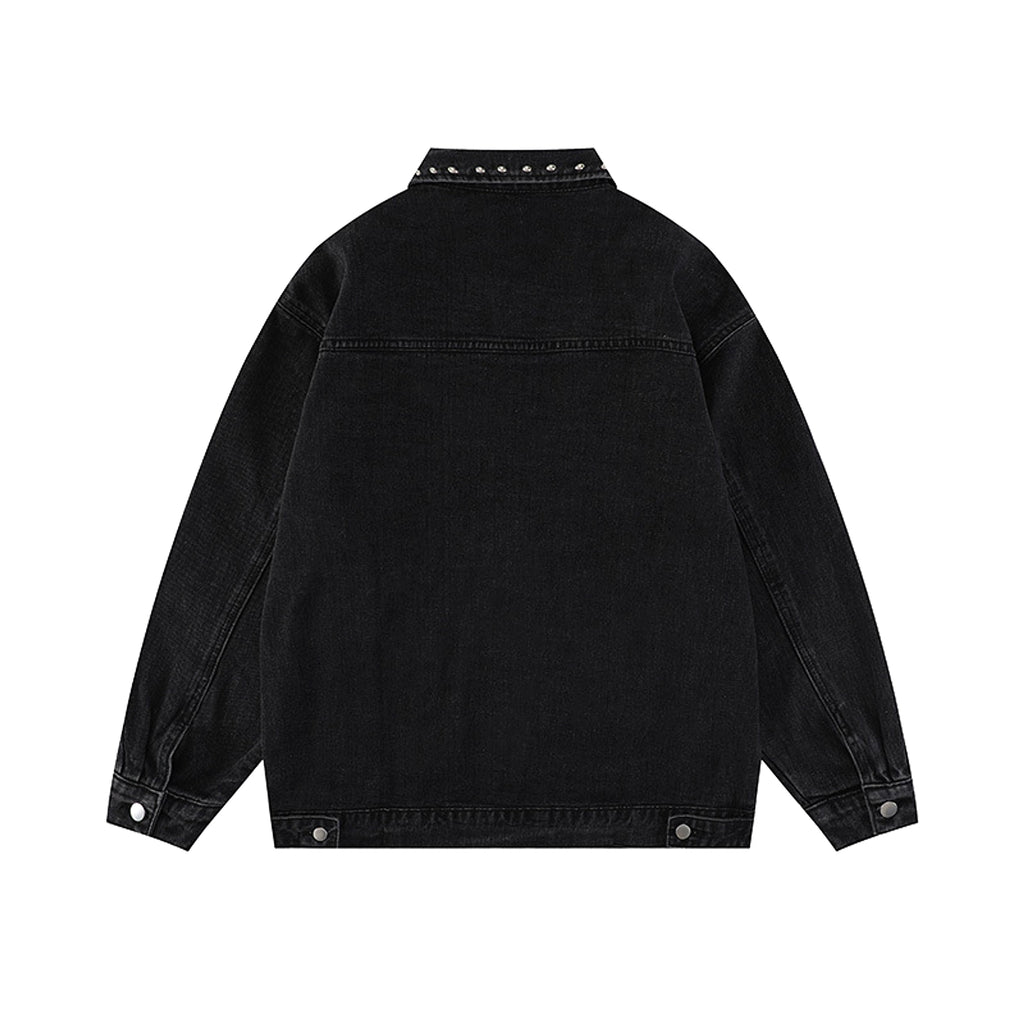 Heavy Beaded Black Denim Jacket For Men And Women - enhanced image 2