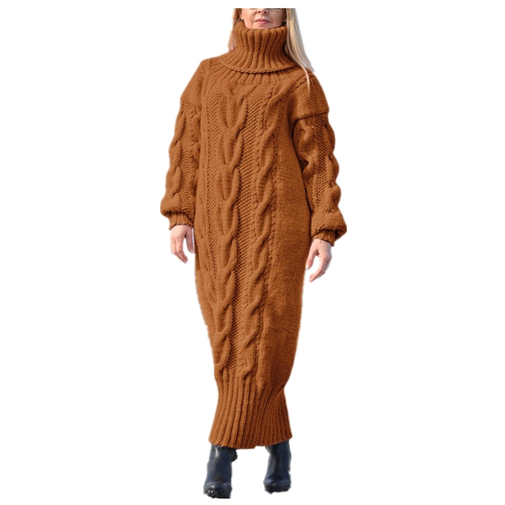High Neck Pullover Cable Loose Knitted Wool Dress - enhanced image 2
