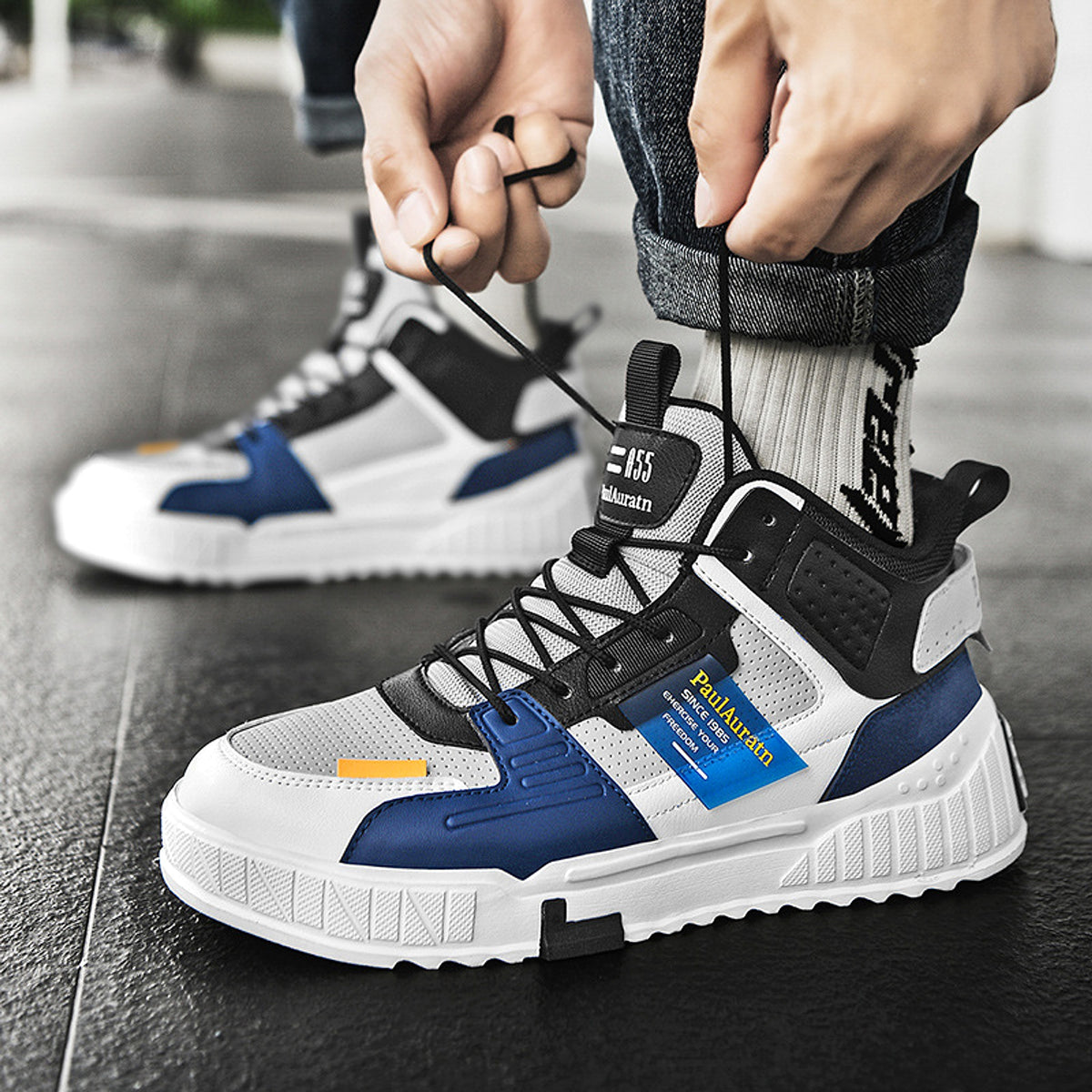 High-Top Leather Panel Casual Sneakers - enhanced image 2
