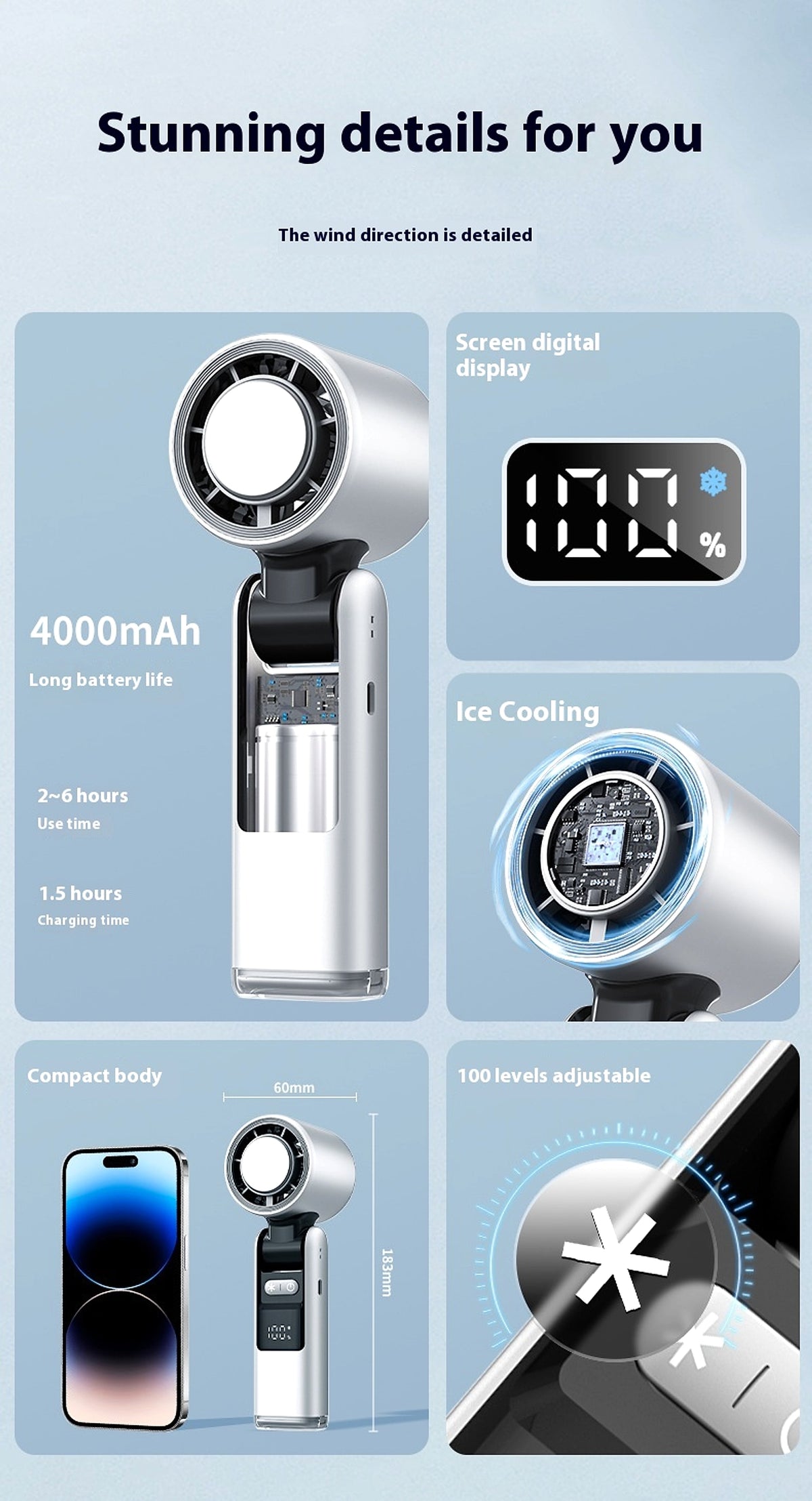 Ice Cool Turbo Mini Fan with Digital Display – USB Rechargeable & Foldable - enhanced image 2