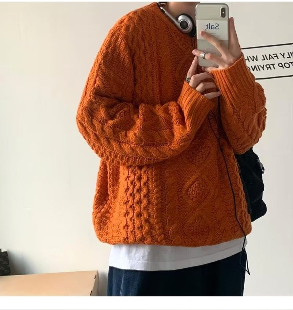 Japanese Stitching Contrast Color Cable-knit Sweater Men - enhanced image 2