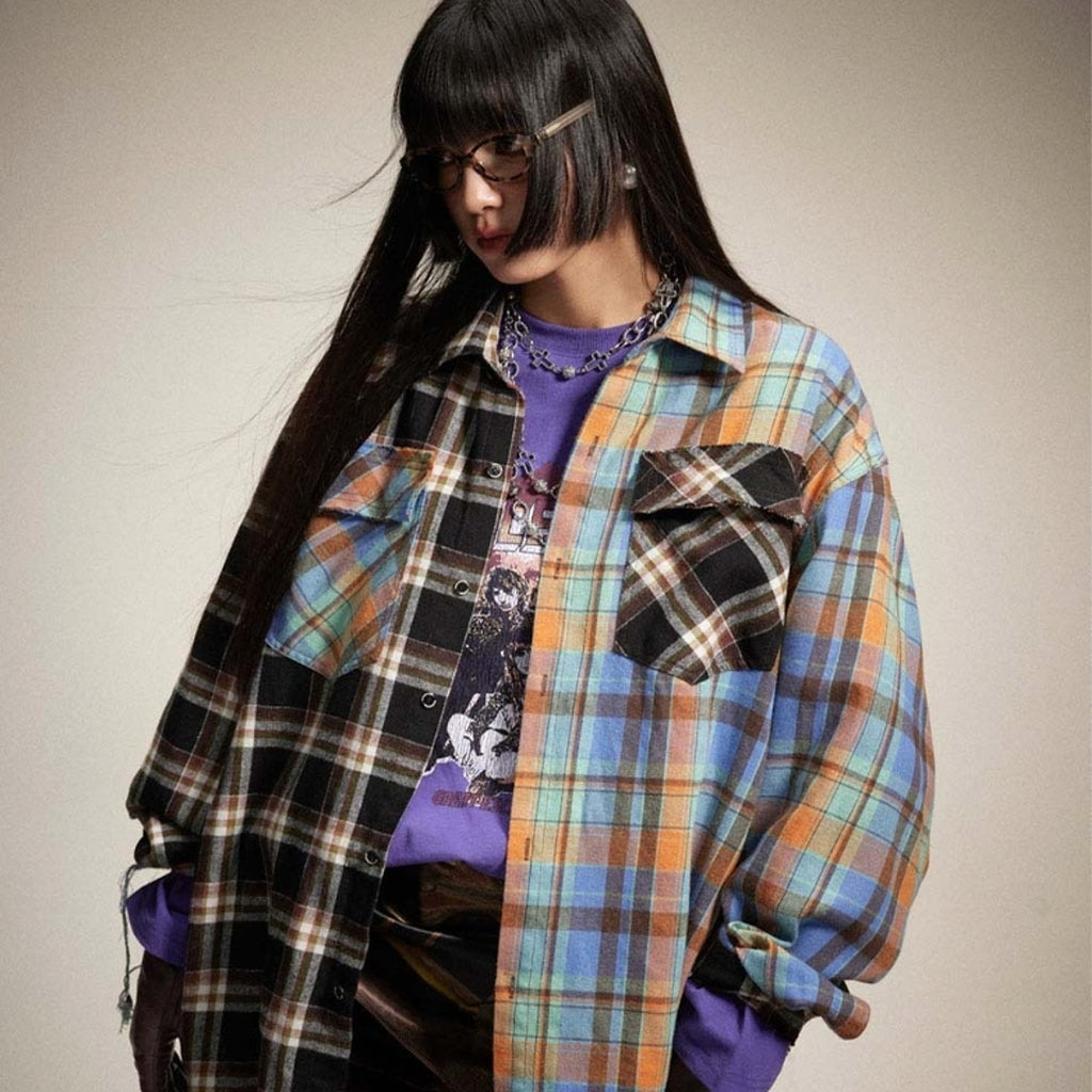 Japanese Trendy Spliced Plaid Blouse DressShirt CS51 - enhanced image 2