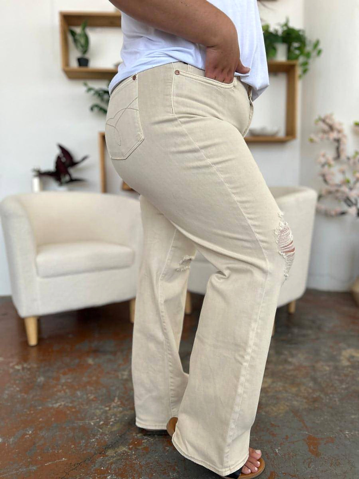 Judy Blue Full Size High Waist Distressed Wide Leg Jeans - enhanced image 2