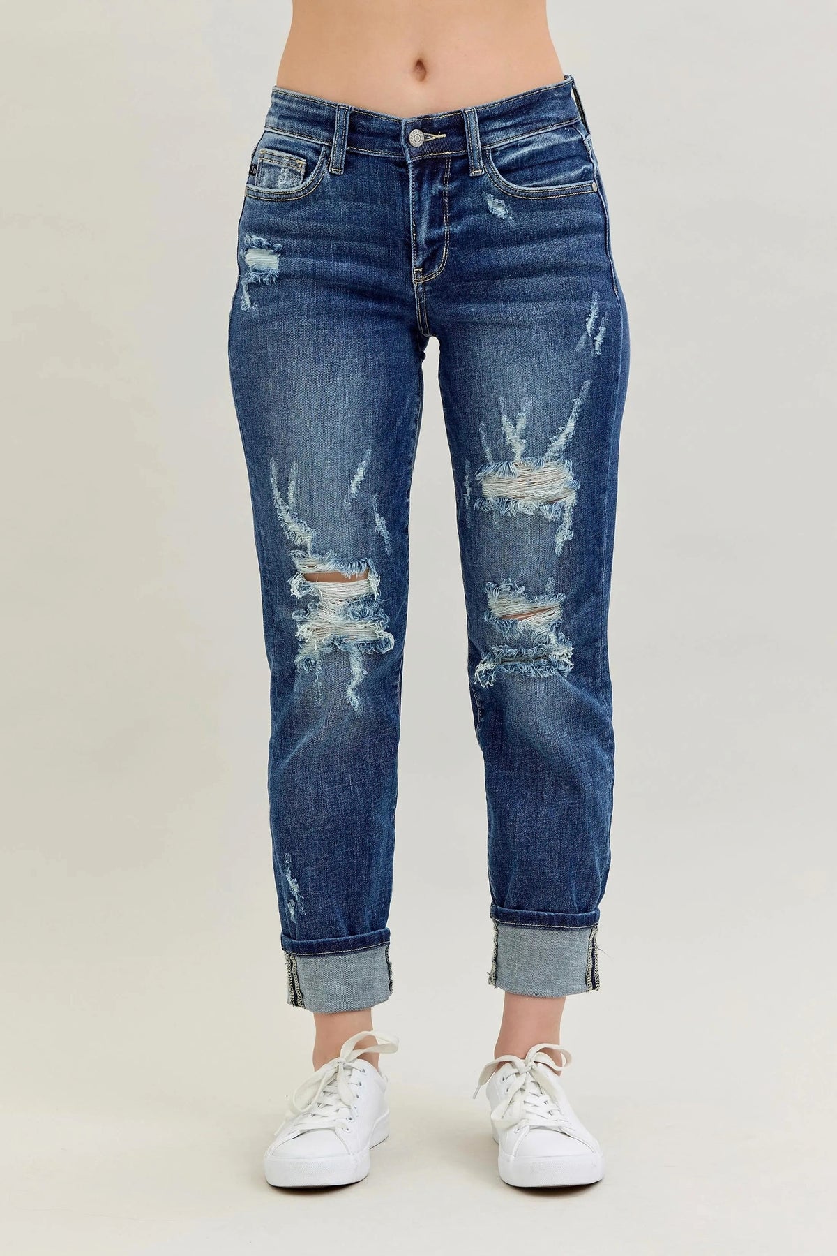 Judy Blue Full Size Mid Rise Cuffed Destroy Bf Jeans Plus Size - enhanced image 2
