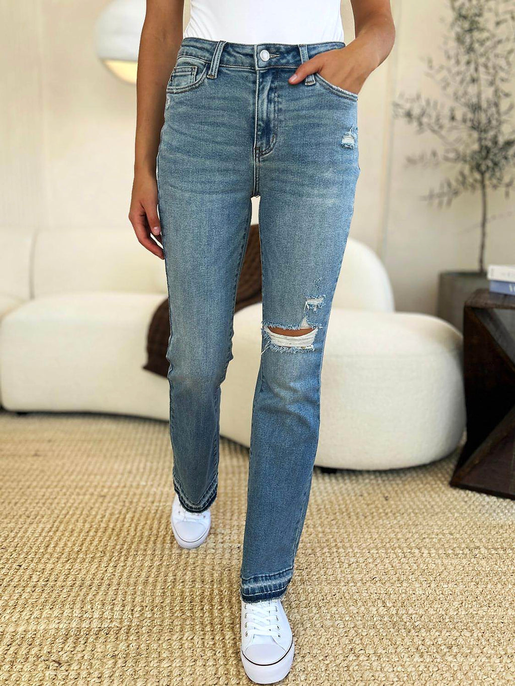 Judy Blue Full Size Mid Rise Destroyed Hem Distressed Jeans - enhanced image 2