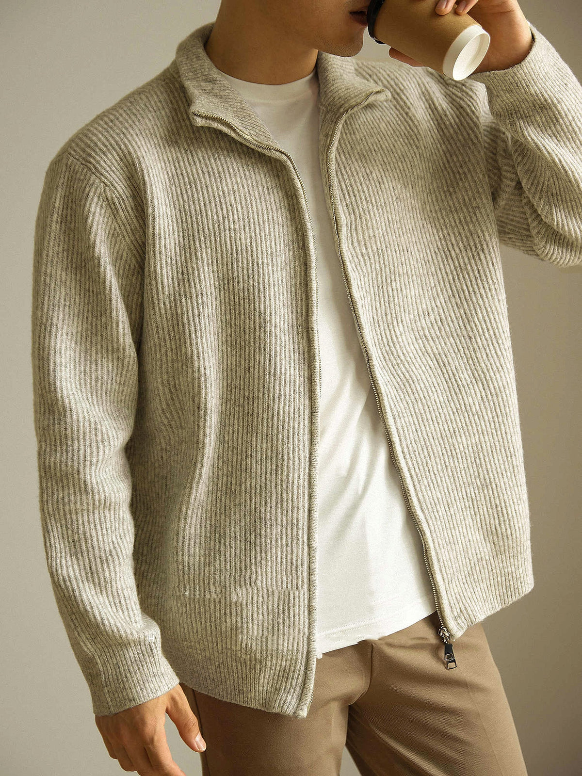 Knitted Zipper Jacket Loose Casual Turtleneck Men's Sweater - enhanced image 2
