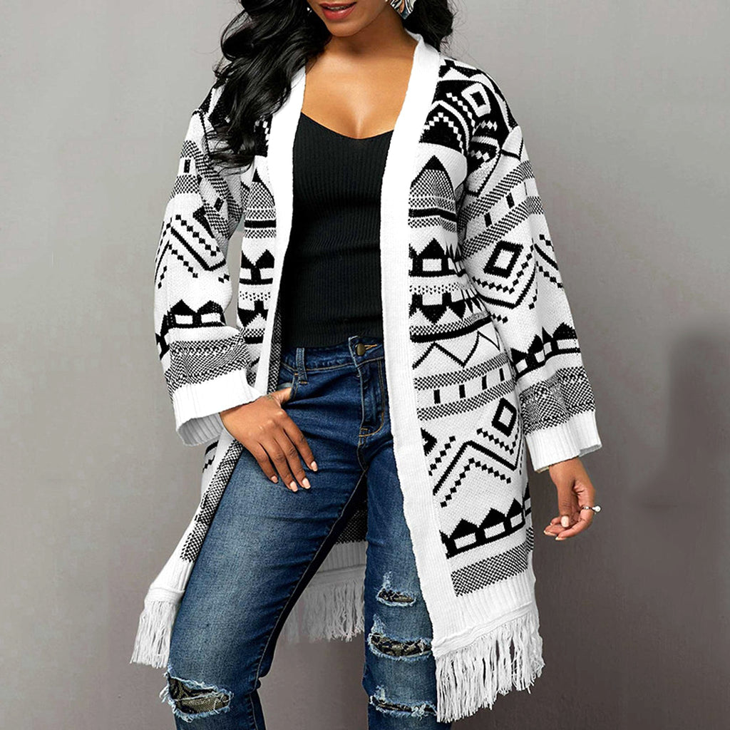 Ladies Tassel Hem Jacquard Cardigan Sweater - enhanced image 2