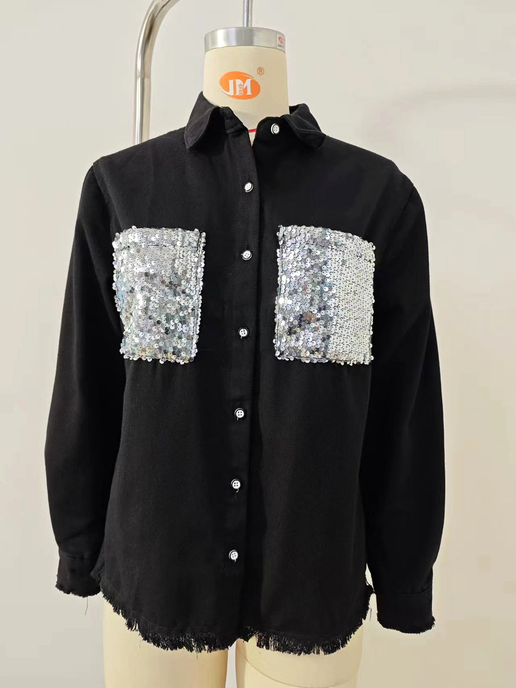 Lapel Denim DressShirt With Sequined Pockets Women - enhanced image 2