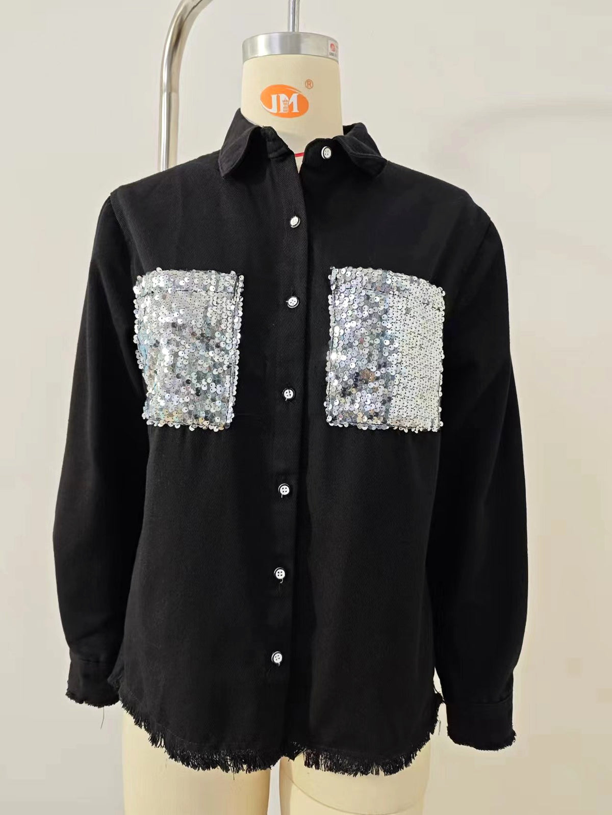 Lapel Denim DressShirt With Sequined Pockets Women - enhanced image 2