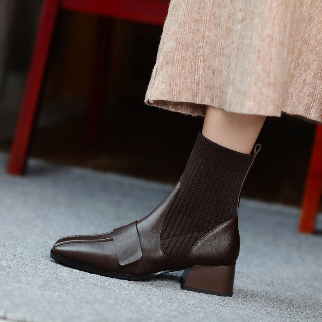 Large Brown Square Toe Mid-heel Soft Leather Shoes - enhanced image 2