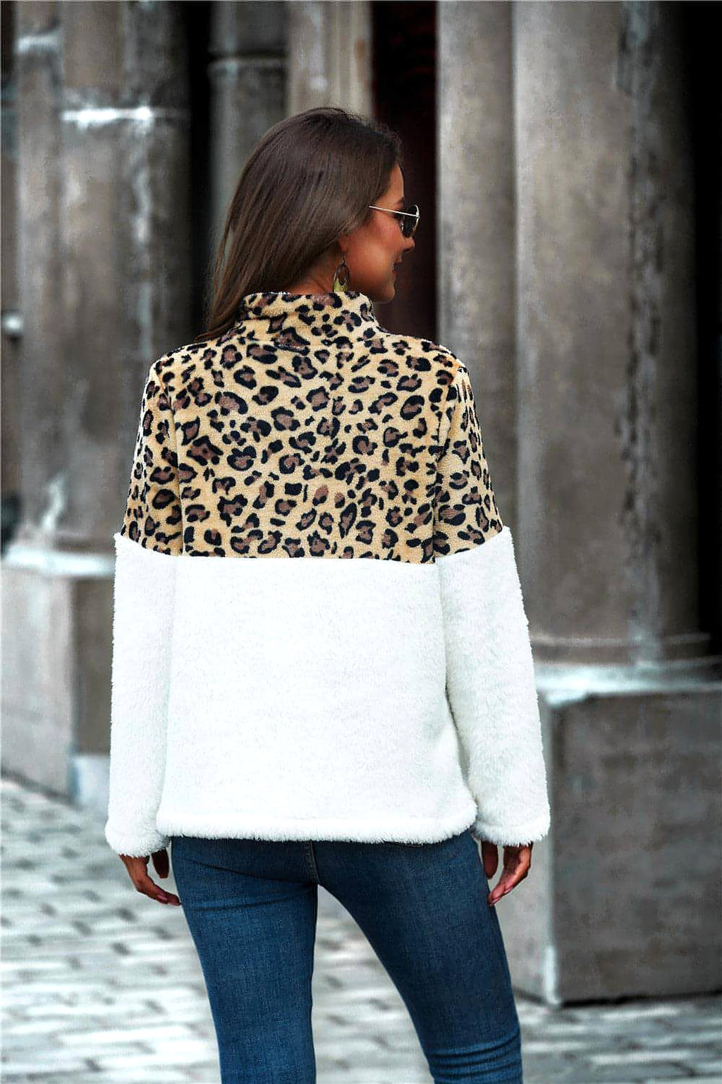 Leopard Color Block Half-Zip Collar Teddy Sweatshirt - enhanced image 2
