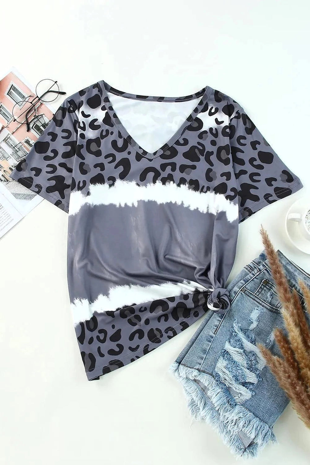 Leopard V-Neck Short Sleeve T-Shirt - enhanced image 2