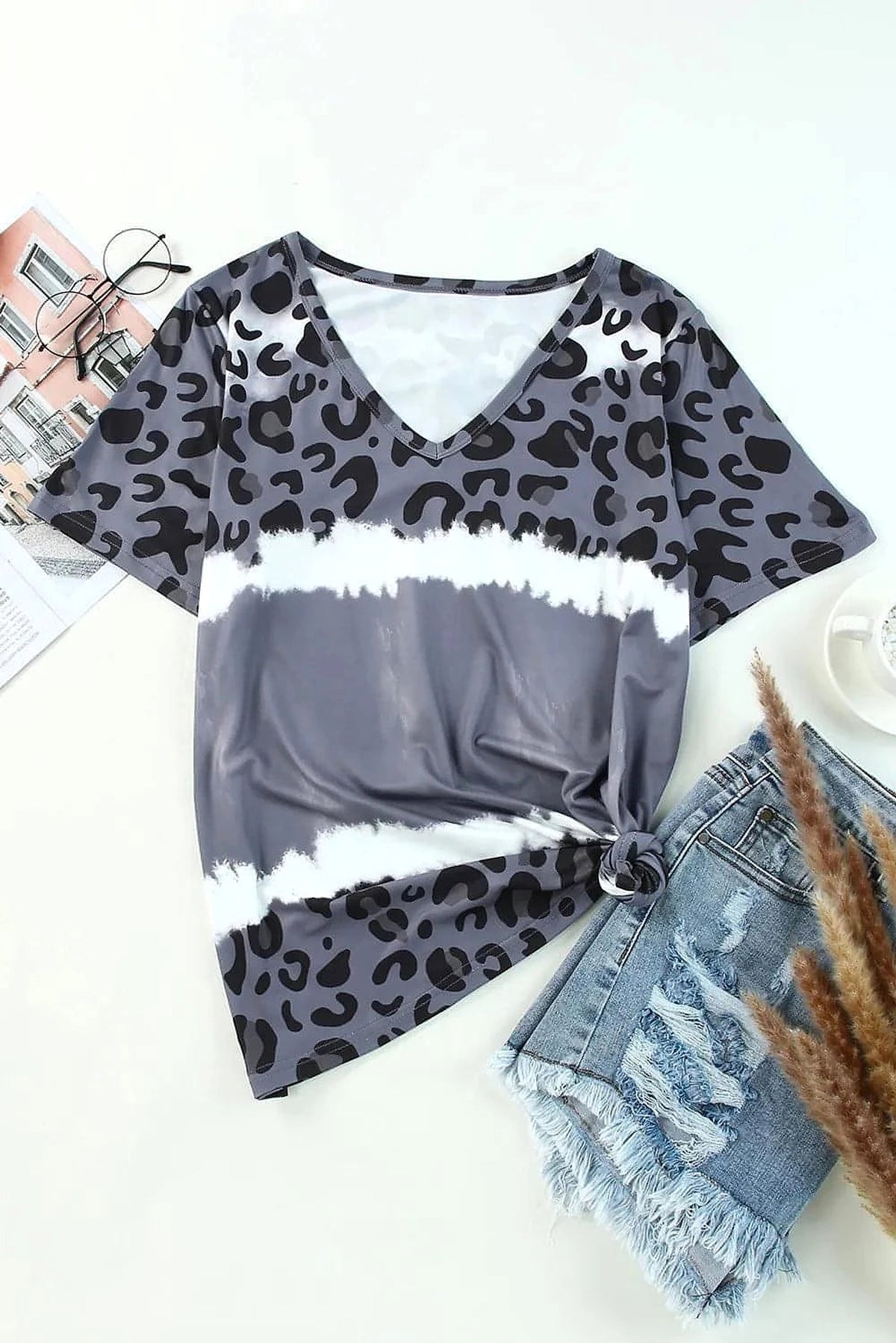 Leopard V-Neck Short Sleeve T-Shirt - enhanced image 2