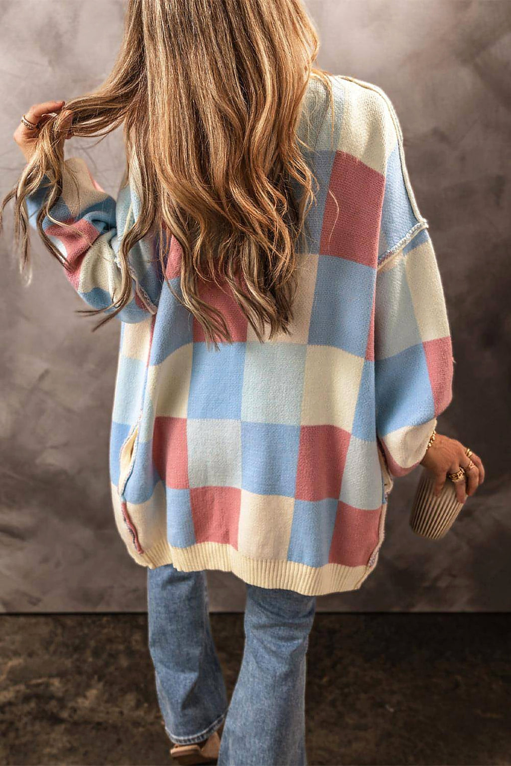 Light Blue Checkered Drop Shoulder Exposed Seam Open Front Cardigan - enhanced image 2
