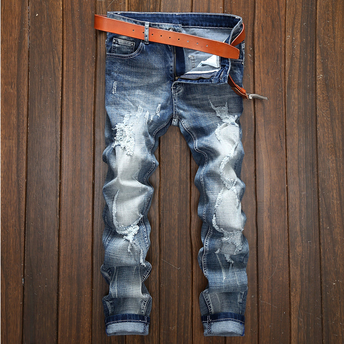 Light-colored Ripped Jeans Men's Scraped Broken Trousers Slim Small Straight Leg Pants - enhanced image 2