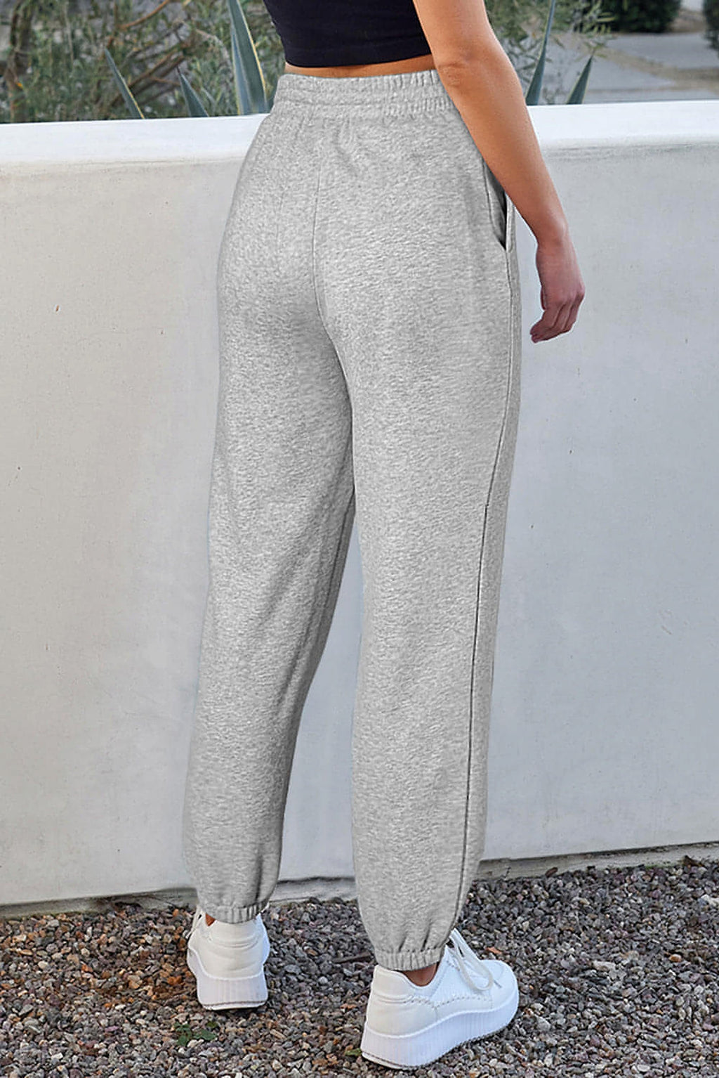 Light Grey Solid Color Fleece Lined Drawstring Waist Joggers - enhanced image 2