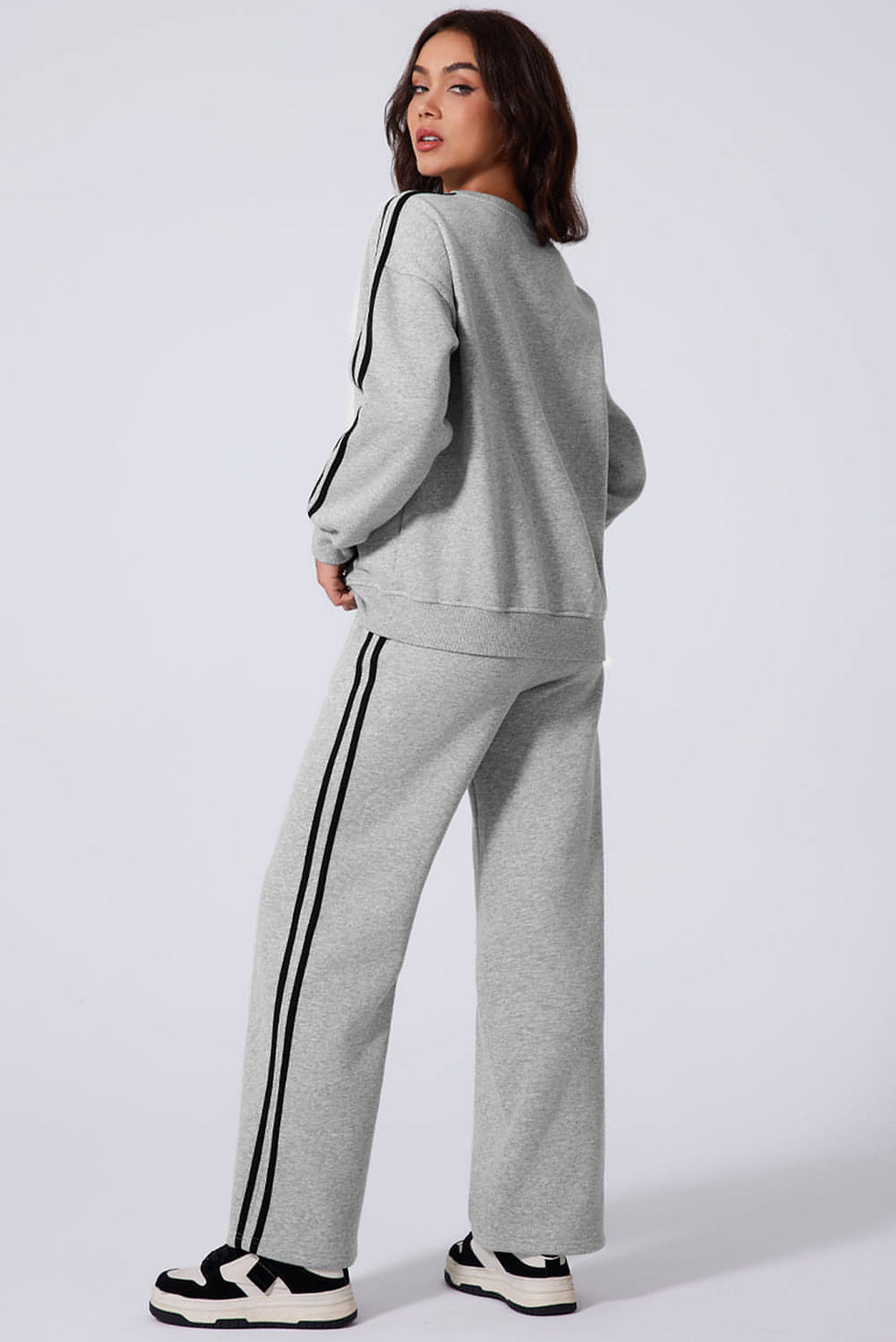 Light Grey Solid Color Side Striped Sweatshirt Active Set - enhanced image 2