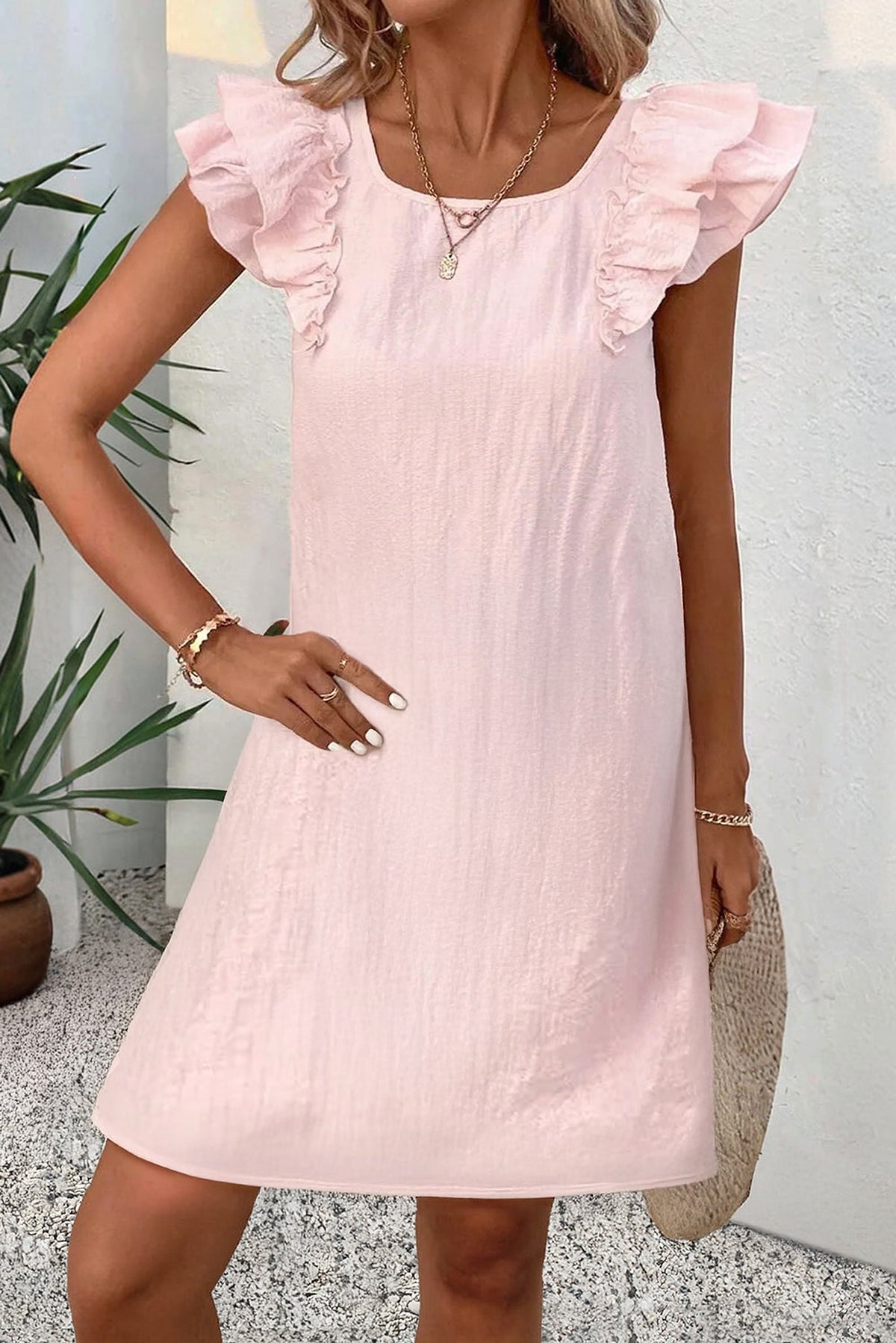 Light Pink Textured Flutter Sleeve Square Neck Bow Back Mini Dress - enhanced image 2