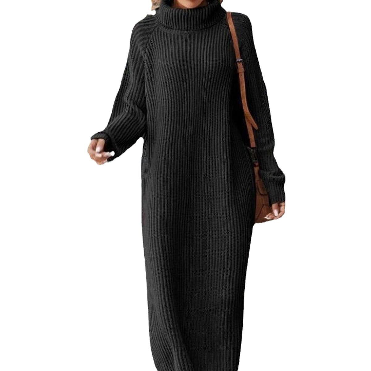 Long Below The Knee Loose High Collar Knitted Dress Sweater - enhanced image 2