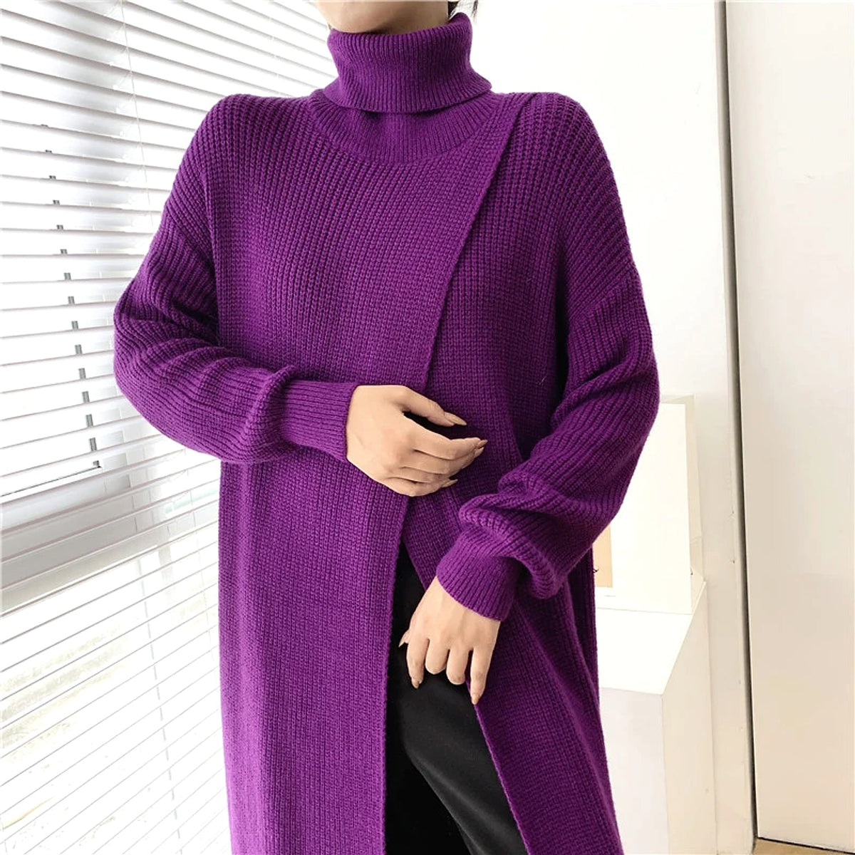 A.1 Long Knit Turtleneck Sweater Long Skirt Pullover Bottoming With Slits And Slim Fit - enhanced image 2