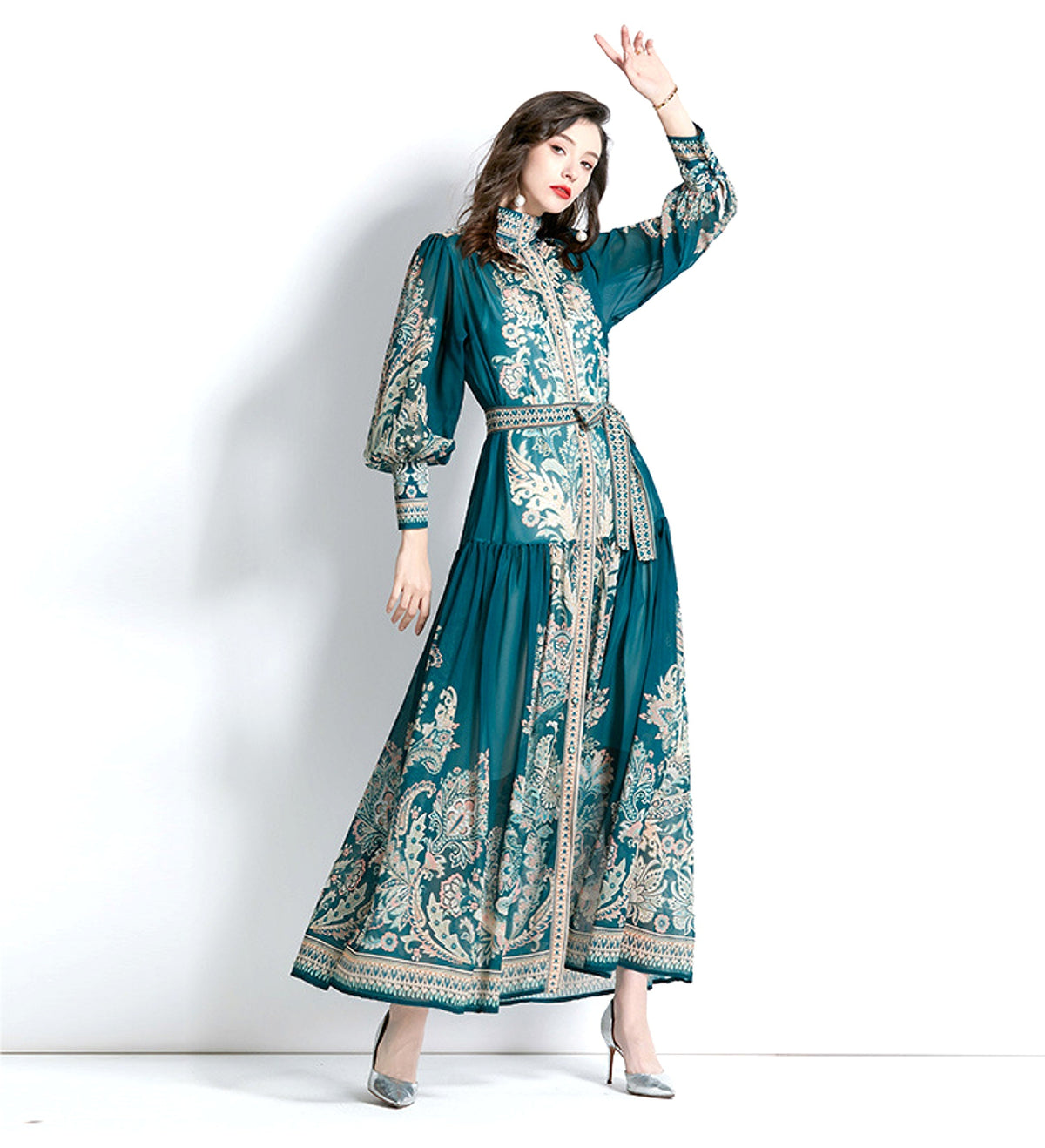 Long Sleeve Stand-up Collar Puff Sleeve Lace Printing Dress