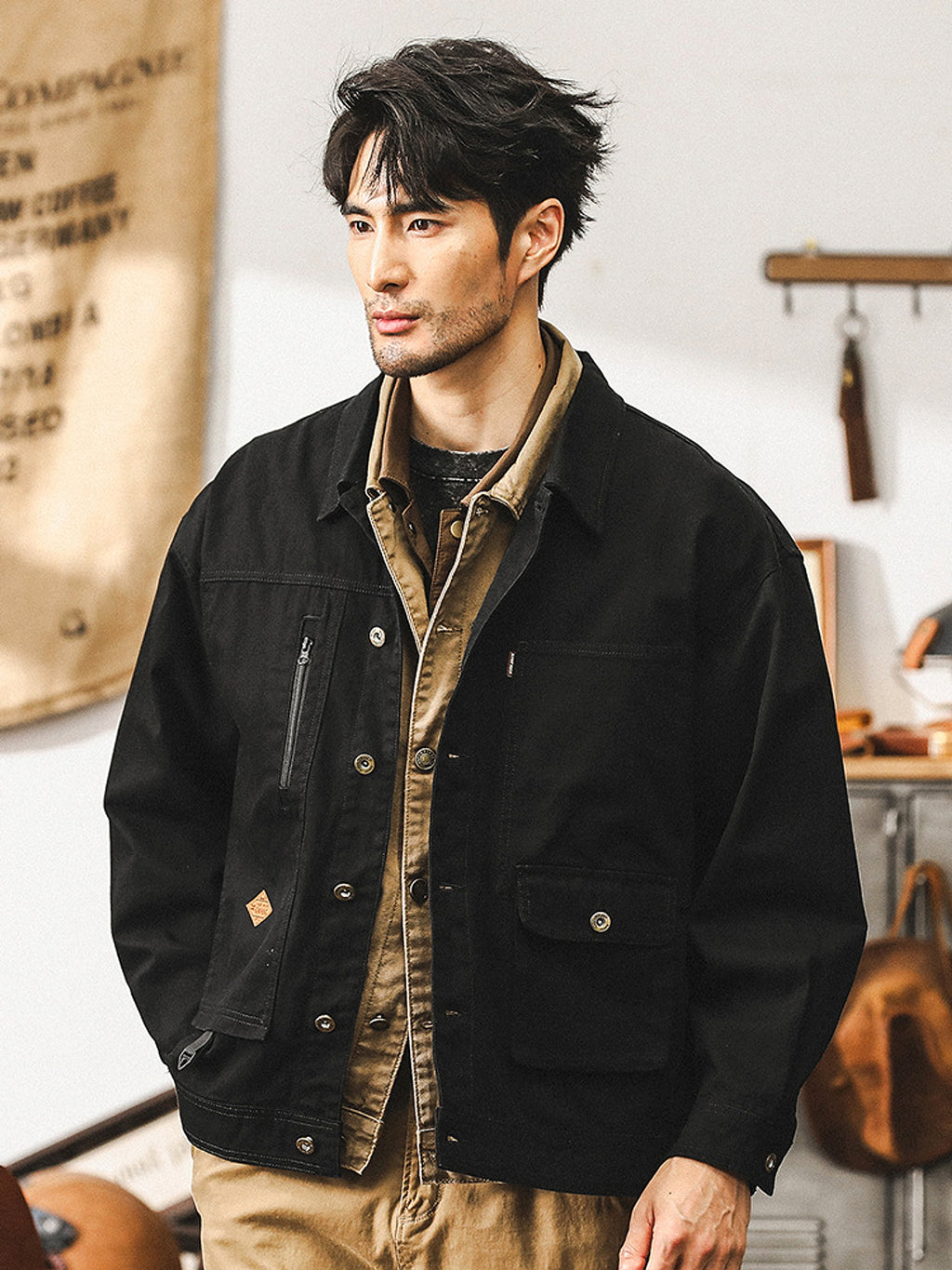 Maillard Retro Heavy Fishbone Pattern Workwear Jacket - enhanced image 2