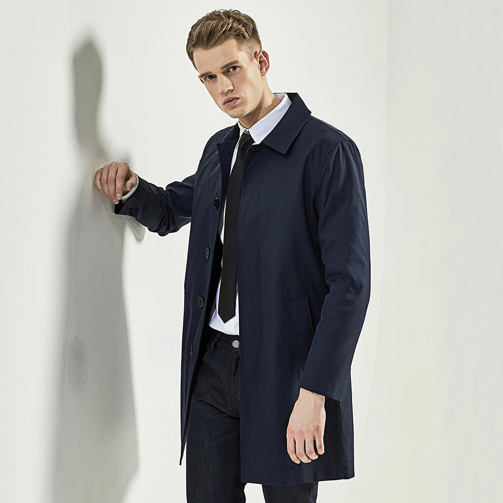 Men Trench Coat Navy Blue Single Breasted - enhanced image 2