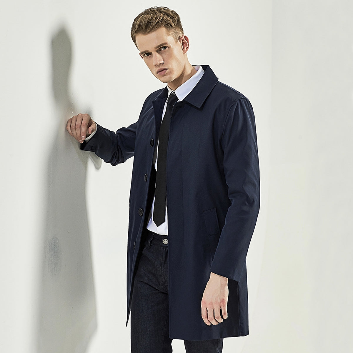 Men Trench Coat Navy Blue Single Breasted - enhanced image 2