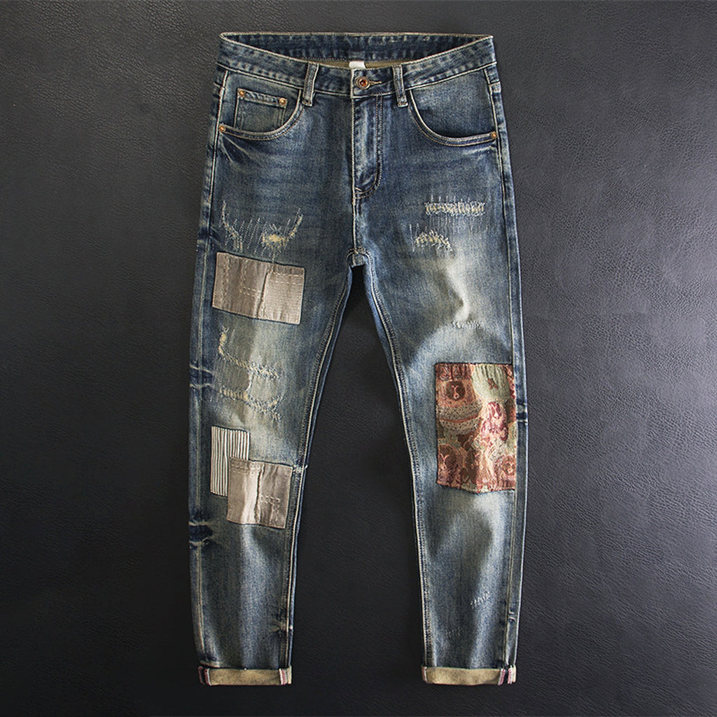 Men's Contrast Color Patch Hole Slim-fit Pants - enhanced image 2