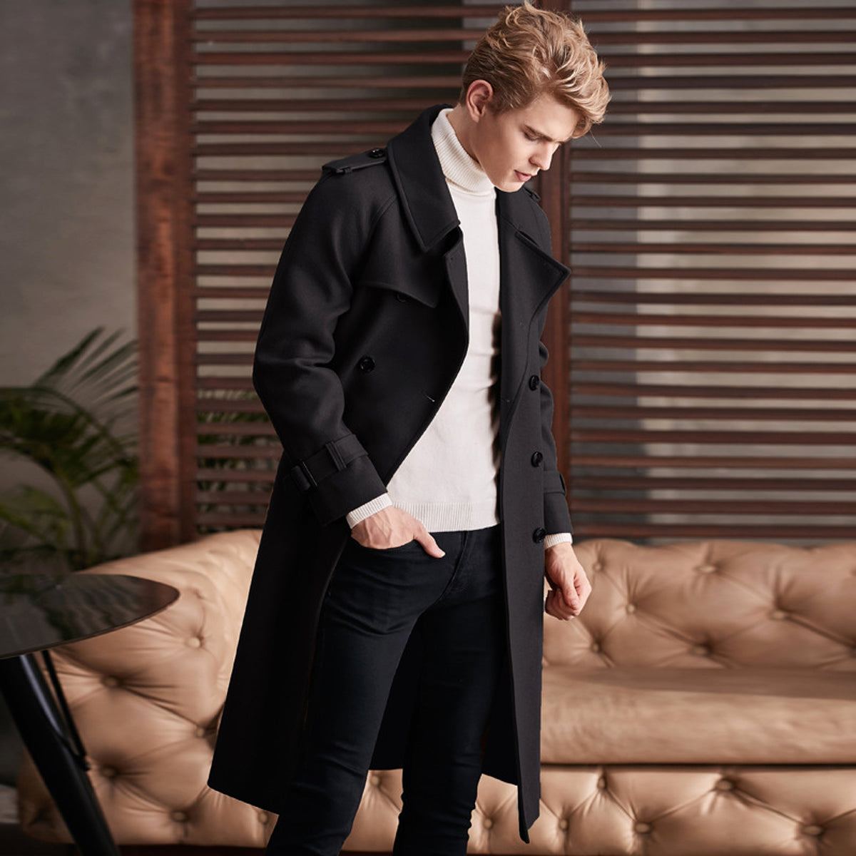 Men's Double Breasted Knee Length Woolen Trench Coat - enhanced image 2