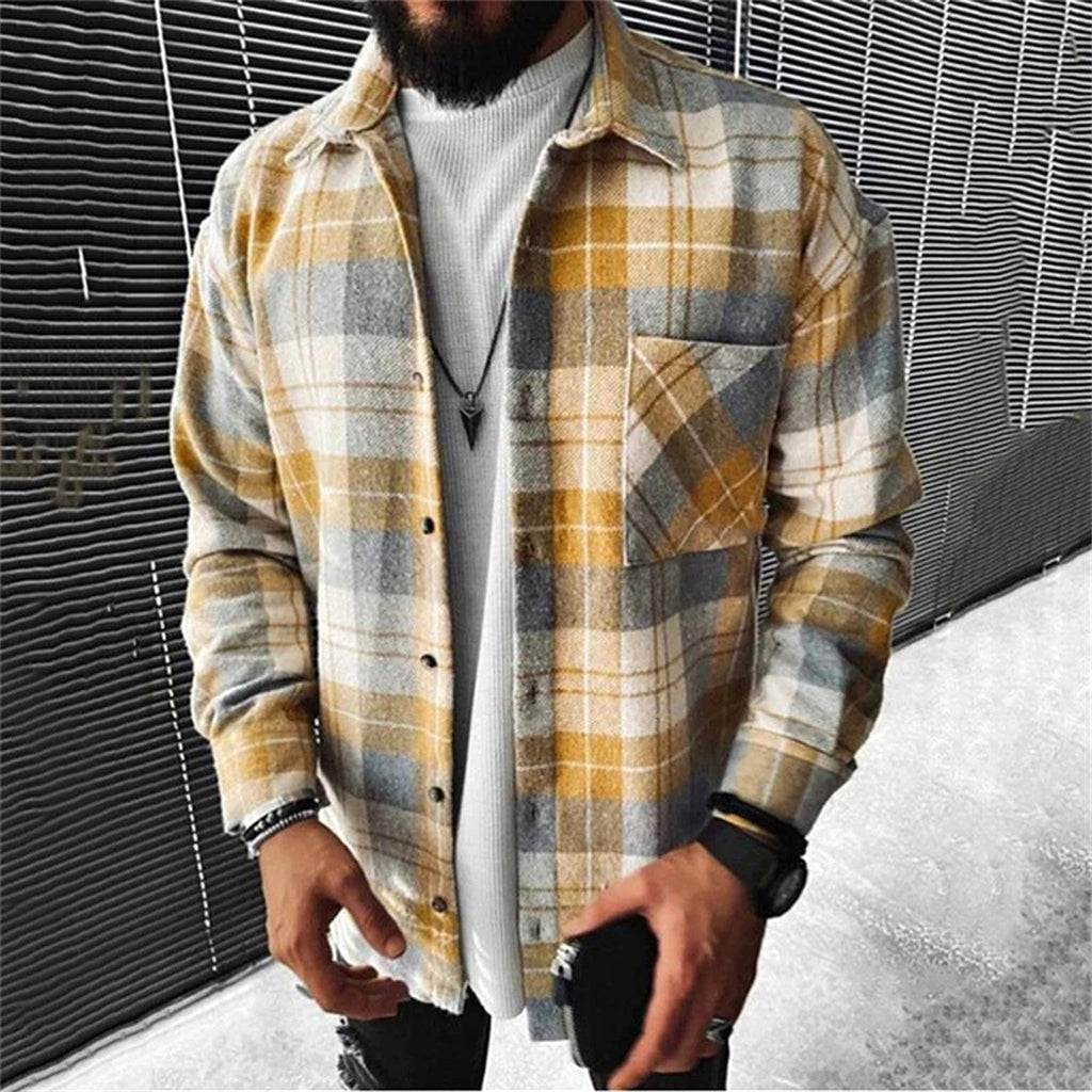 A. Men's DressShirt Plaid Pocket Long Sleeve Jacket - enhanced image 2